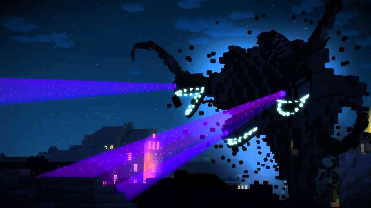 Wither 桌布 壁紙 — 一隻像素龍，眼睛發光，射出紫色雷射，在星空下的夜晚飛越一座方塊城市。