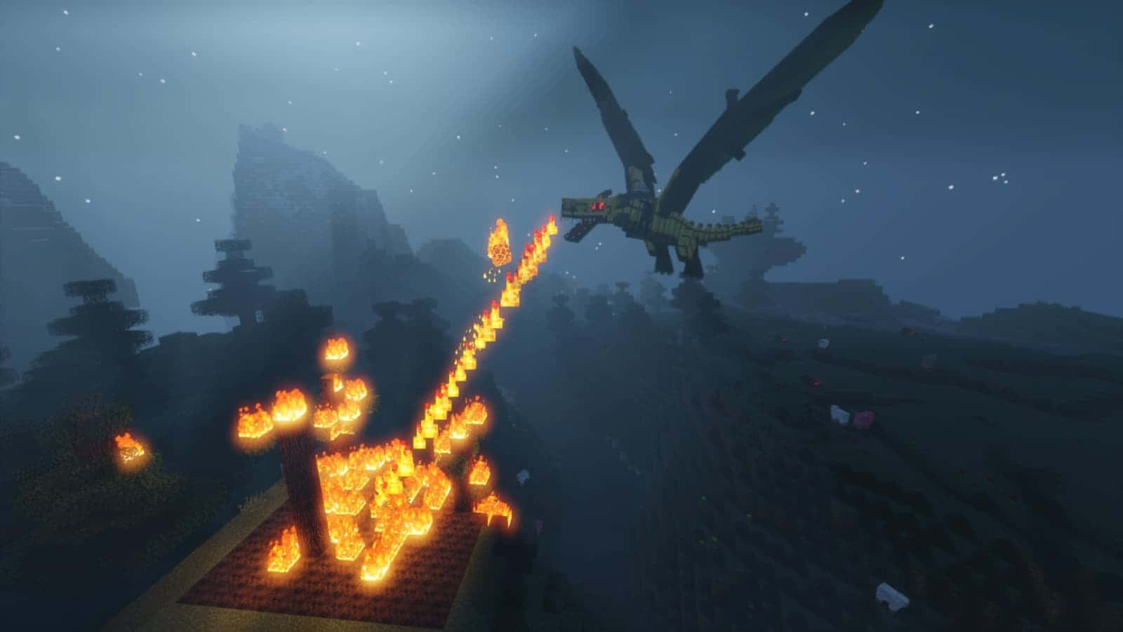 Minecraft Mods 桌布 壁紙 — 一隻像素龍在Minecraft中飛越迷霧夜空，下方是熾熱的景觀。