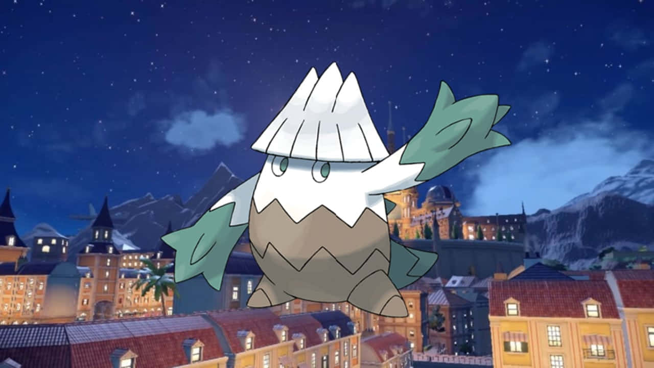 寶可夢 桌布 壁紙 — 一隻像雪山般的寶可夢在繁星點點的夜空下，翱翔於閃爍的歐式小鎮上空。