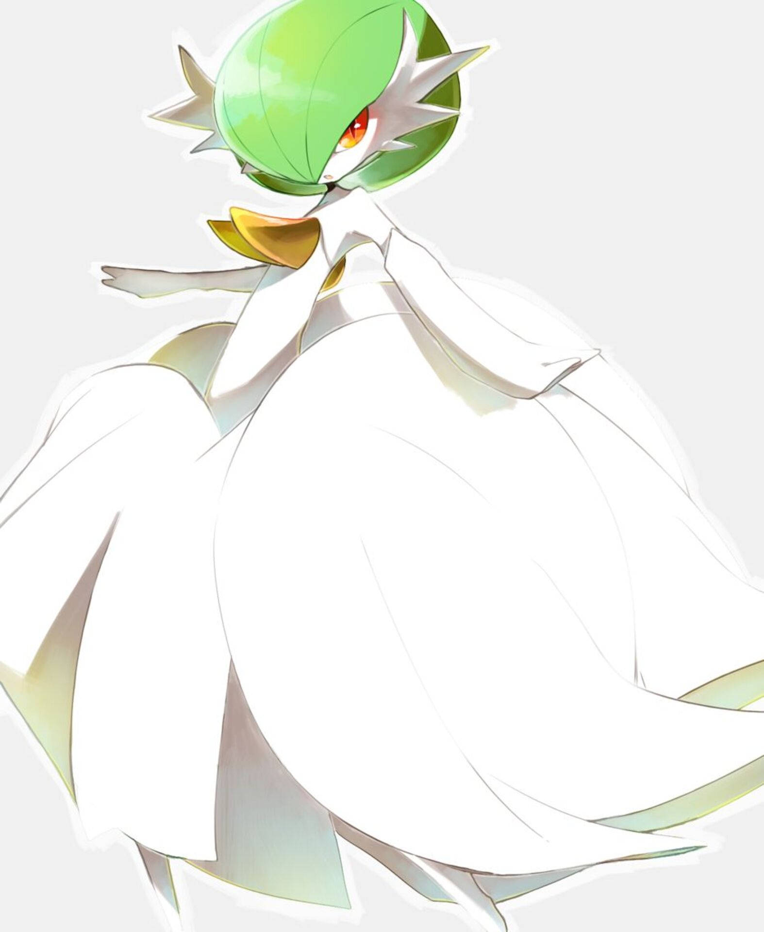 Gardevoir 桌布 壁紙 — 一隻優雅的動畫風格寶可夢，有著綠色葉狀頭部和飄逸的白色長袍，站在素色背景前。