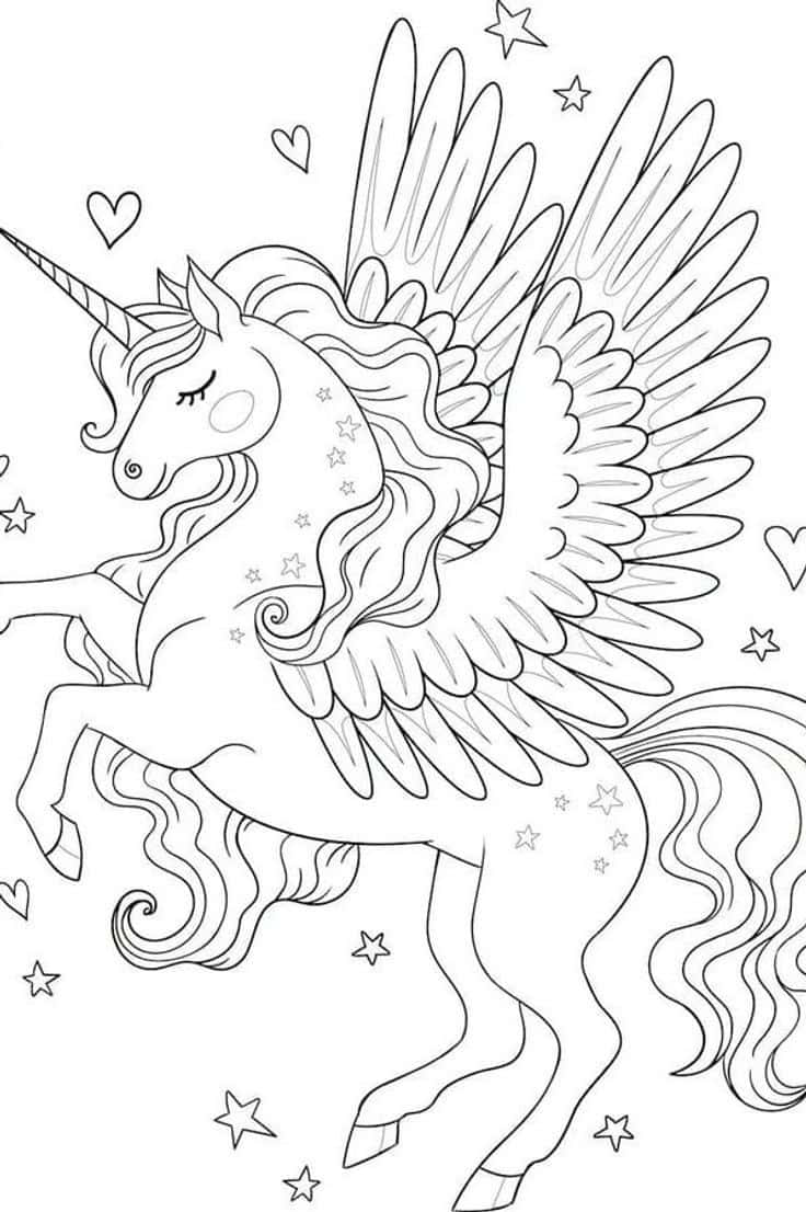 獨角獸 桌布 壁紙 — 一隻優雅的有翼獨角獸，擁有飄逸的鬃毛和尾巴，站在漂浮的星星和心形之間，以奇幻的黑白線條藝術風格呈現。