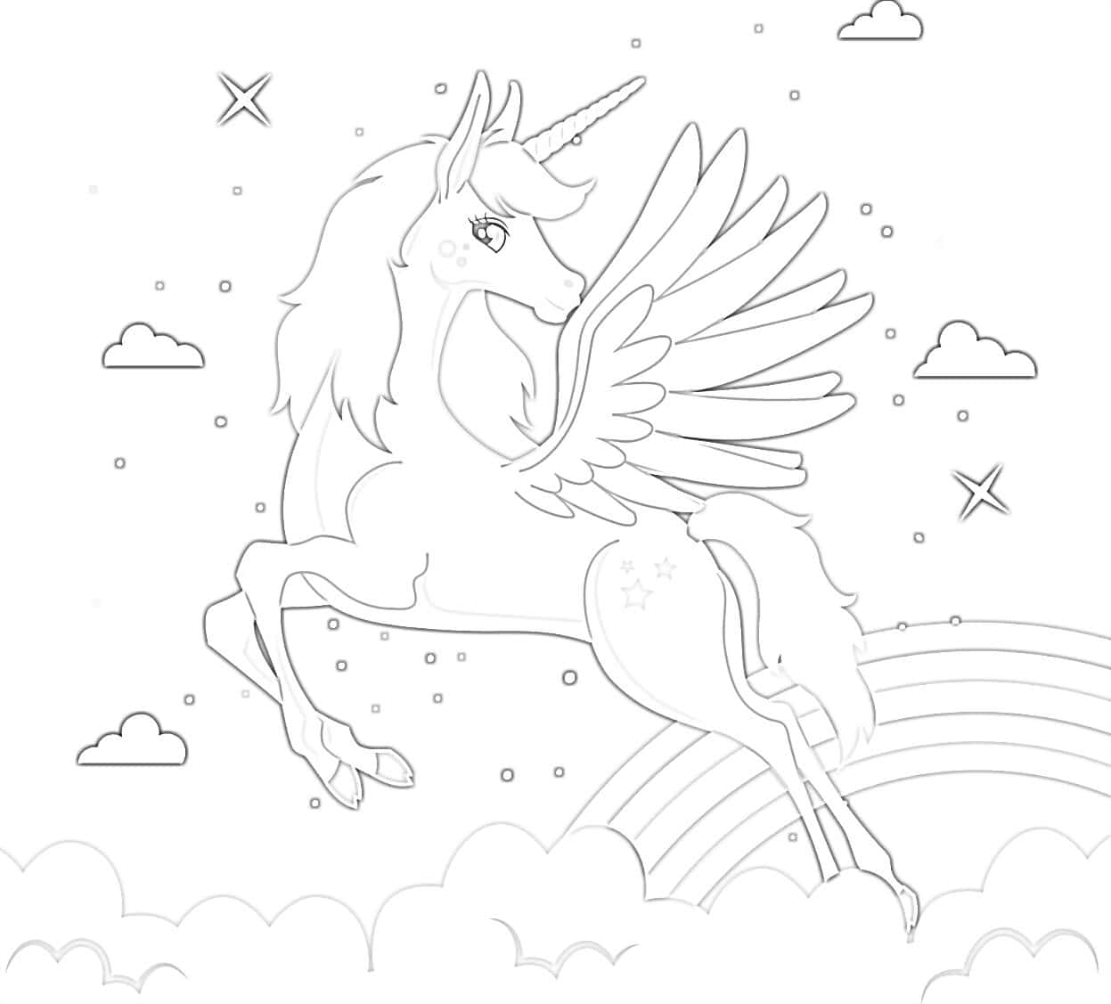 獨角獸 桌布 壁紙 — 一隻優雅的有翼獨角獸在彩虹和雲朵上方翱翔，呈現於奇幻的黑白線條藝術填色頁中。