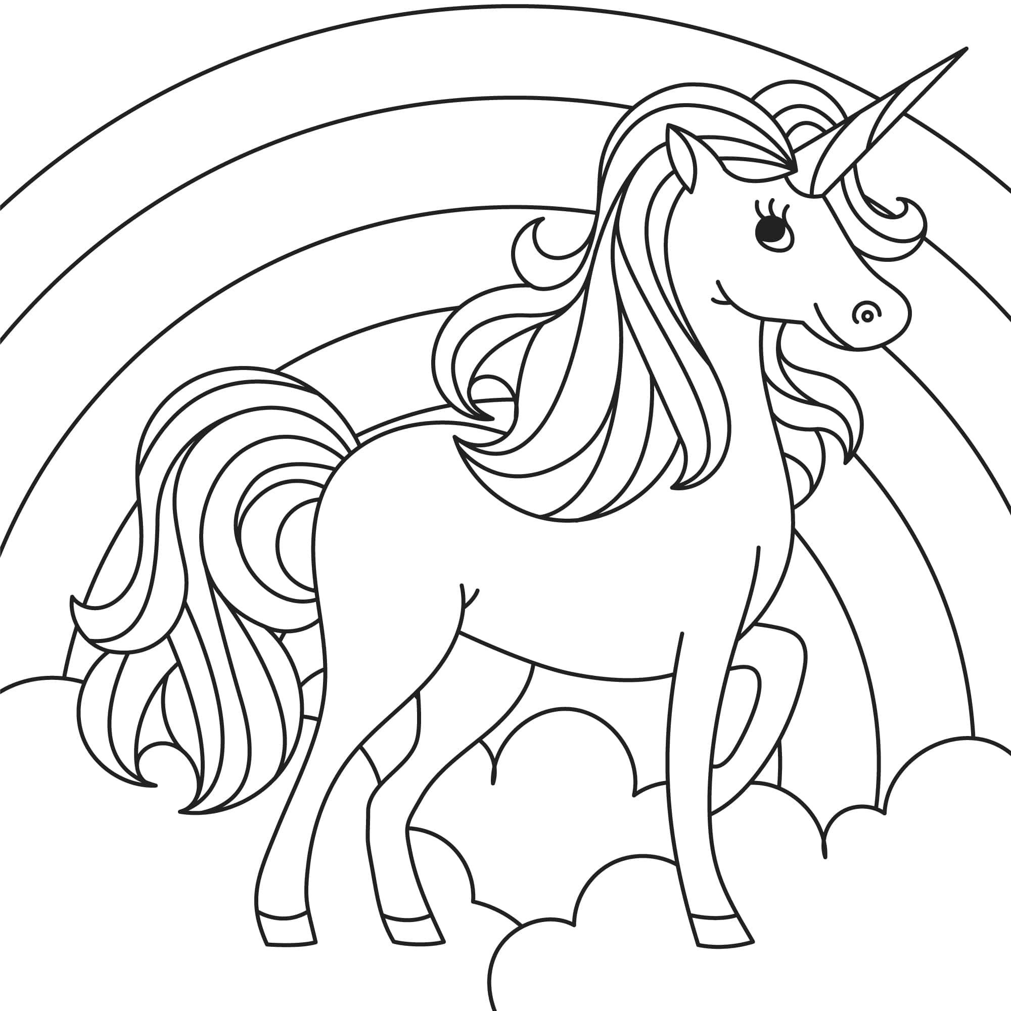 獨角獸 桌布 壁紙 — 一隻優雅的獨角獸站在彩虹拱形於蓬鬆雲朵前的異想天開黑白線條畫。