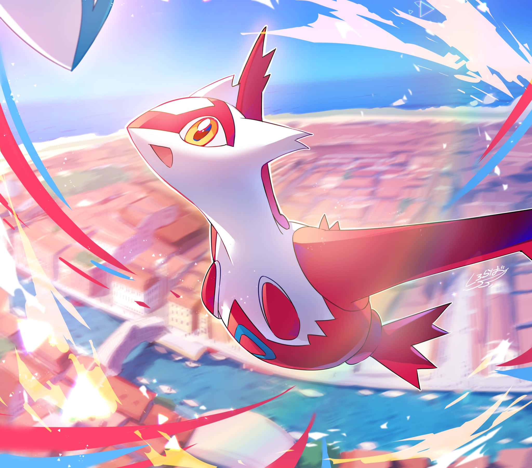 Pokémon 手機 桌布 壁紙 — 一隻充滿動感的動漫風格 Salamence 在沿海城市上空翱翔，伴隨著鮮豔的動態線條和明亮的天空。