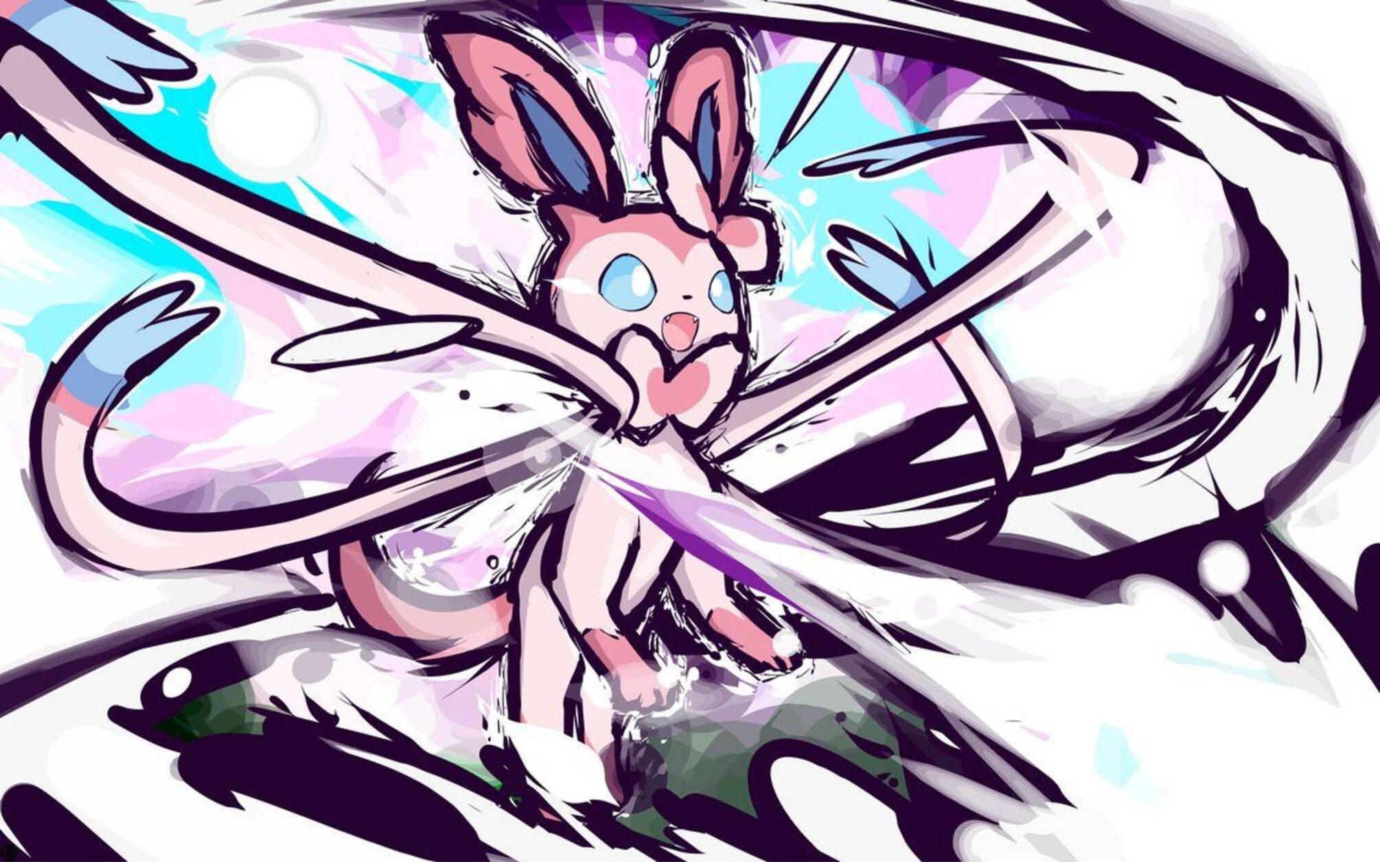 Sylveon 桌布 壁紙 — 一隻充滿動感的動漫風格伊布釋放出強大的能量爆炸，周圍環繞著旋轉的粉紅色、藍色和白色運動線條。