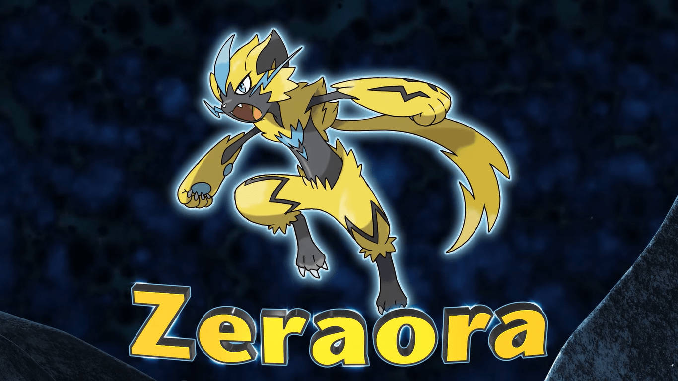 Zeraora 桌布 壁紙 — 一隻充滿動感的黃黑色捷拉奧拉在深藍色宇宙背景上跳躍，帶有發光輪廓。
