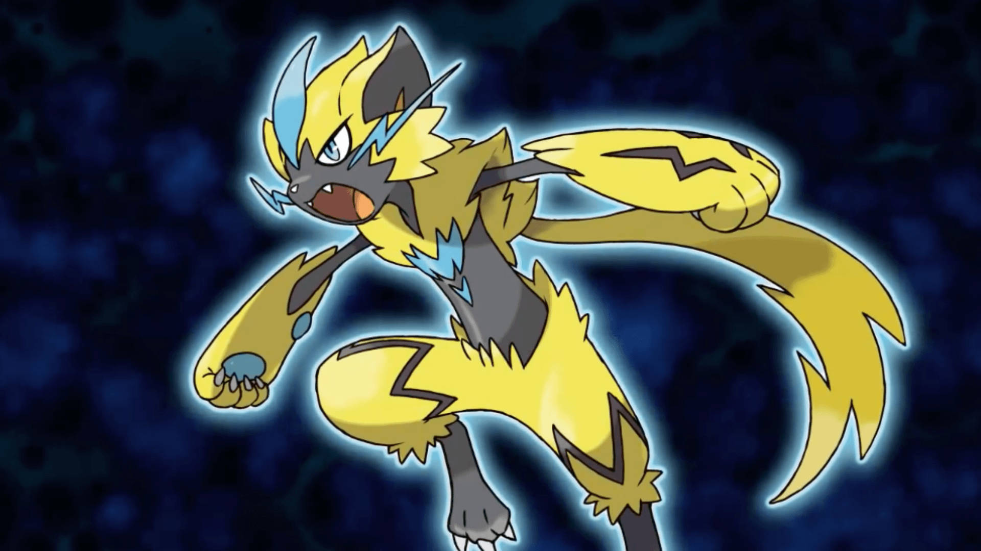 Zeraora 桌布 壁紙 — 一隻充滿動感的黃黑配色閃電主題寶可夢，在黑暗的宇宙背景中向前躍起，伴隨著發光的藍色能量。