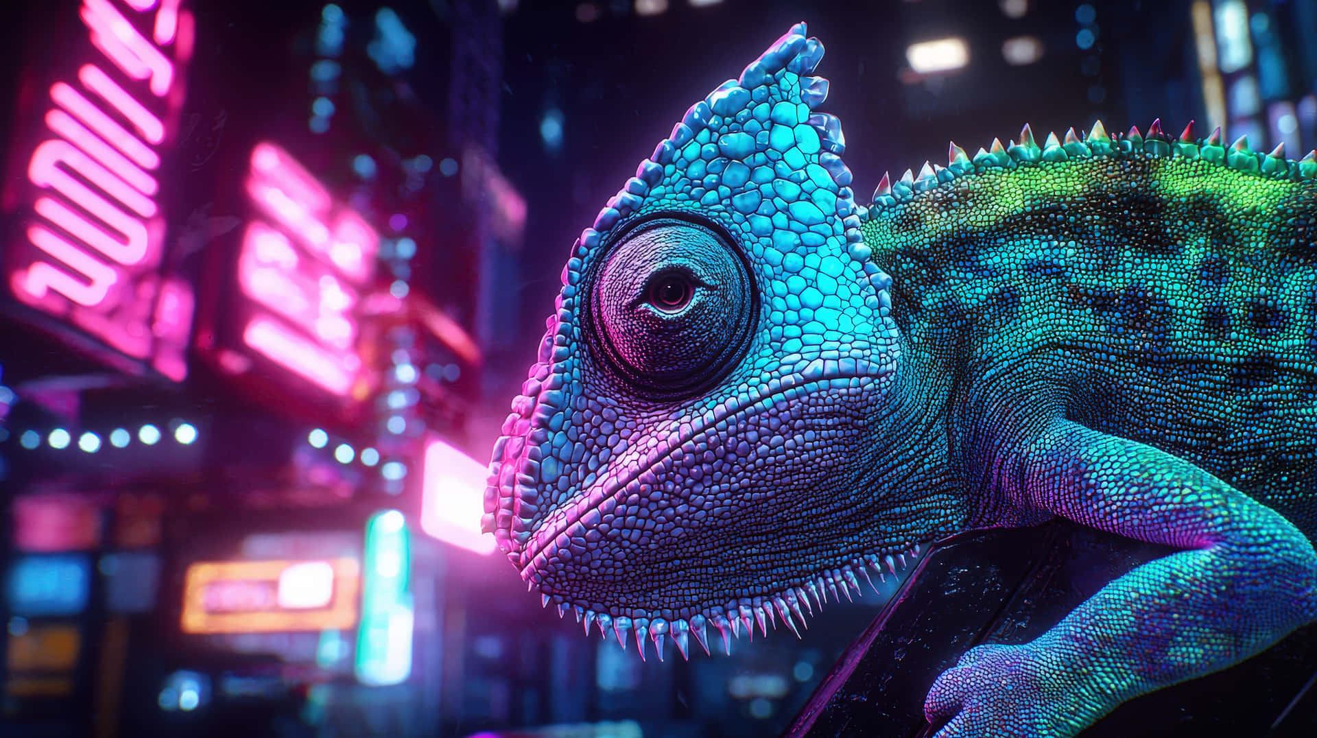 A futuristic chameleon glowing under vibrant neon lights in a cyberpunk cityscape 壁紙 — 一隻充滿活力、被霓虹燈浸染的變色龍，帶有虹彩藍綠色鱗片，棲息在一個壁架上，背景是發光的賽博龐克城市景觀。