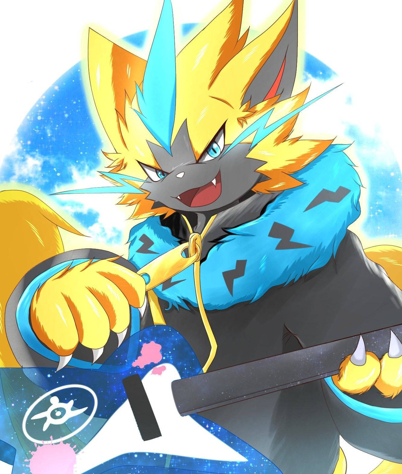 吉他動圖 桌布 壁紙 — 一隻充滿活力的動漫風格Zangoose，擁有電光藍和黃色的毛髮，在星空背景下彈奏宇宙吉他。