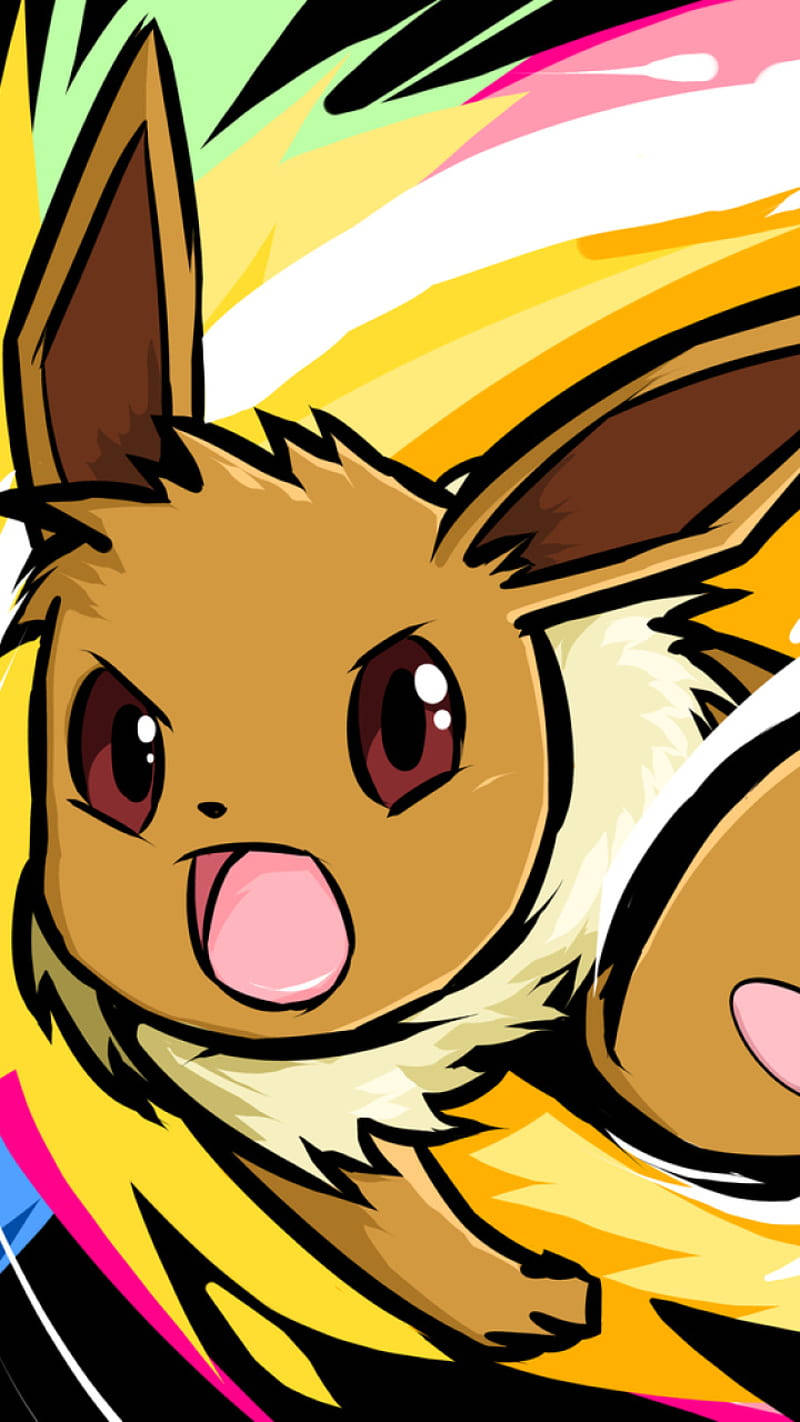 Eevee iPhone 桌布 壁紙 — 一隻充滿活力的動漫風格伊布，大眼睛和粉紅色舌頭，在黃色、粉紅色和綠色的條紋背景前向前衝。