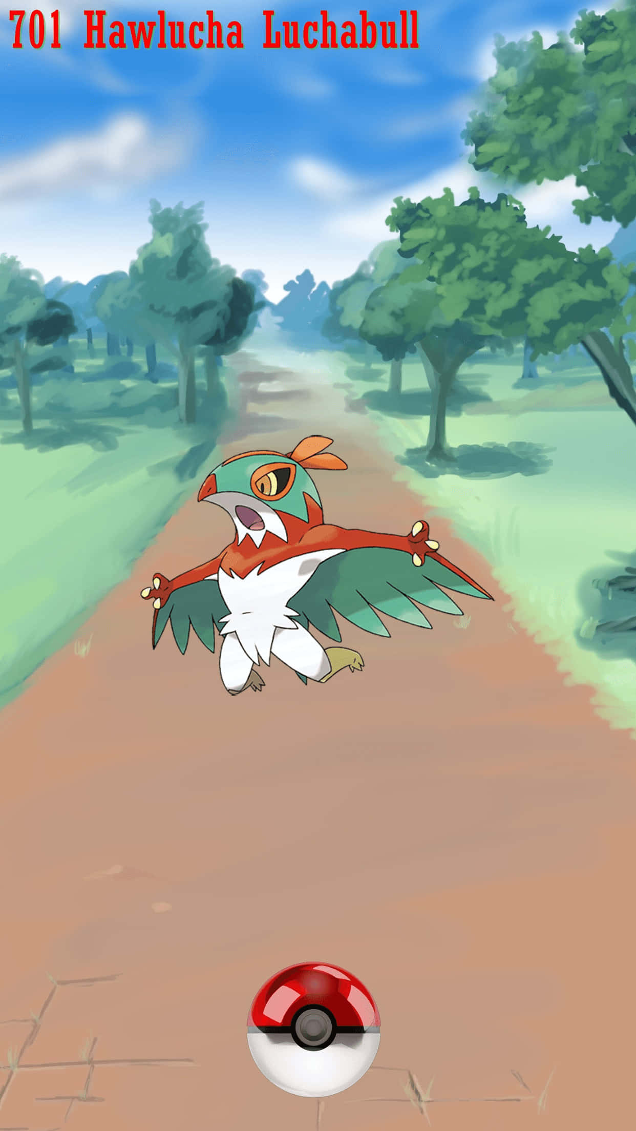 Pokeball 桌布 壁紙 — 一隻充滿活力的動漫風格摔角鷹人懸浮在泥土小徑的半空中，周圍是翠綠的樹木，上方是明亮的藍天。