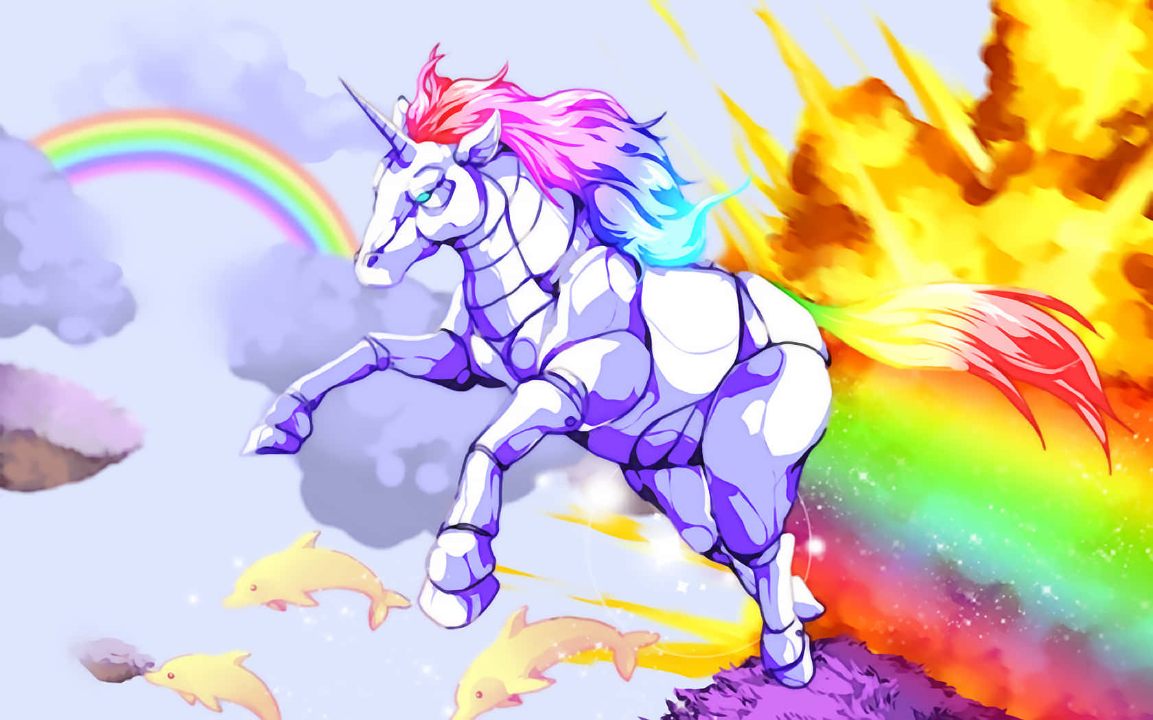 獨角獸 桌布 壁紙 — 一隻充滿活力的動漫風格獨角獸，擁有彩虹鬃毛和尾巴，奔騰穿過雲層，留下彩虹痕跡，下方有海豚。