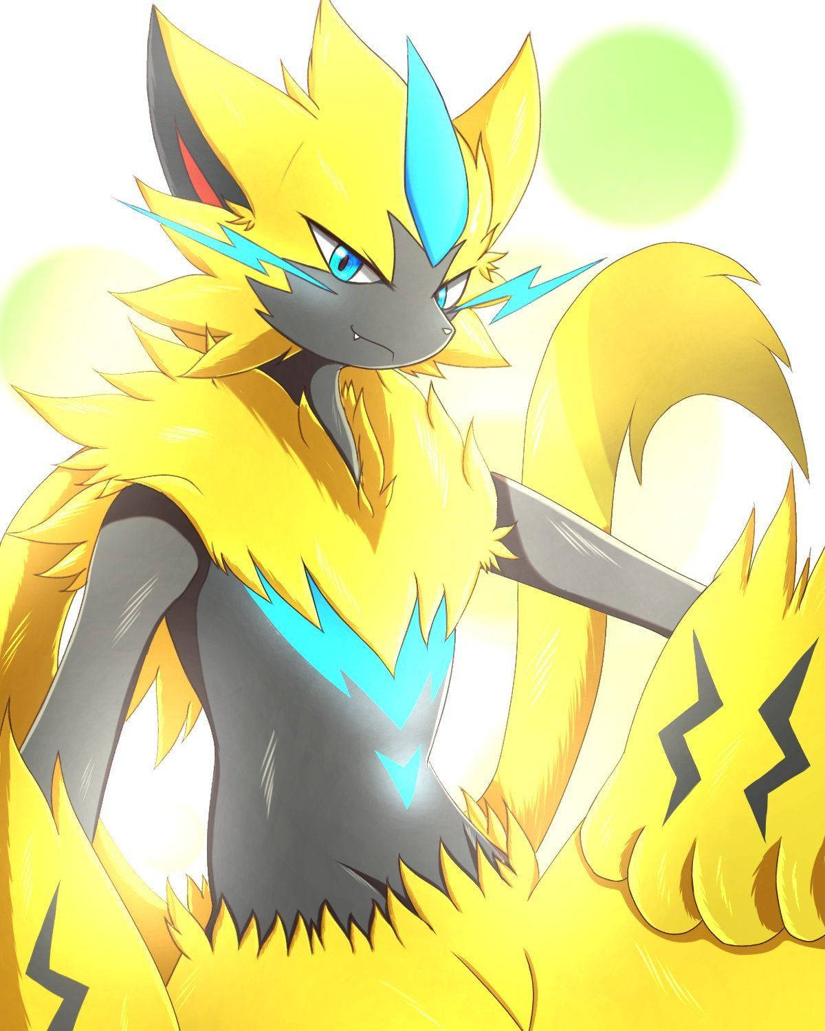 Zeraora 桌布 壁紙 — 一隻充滿活力的動漫風格電狐，黃色毛髮帶有藍色閃電點綴，自信地站在柔和發光的背景前。