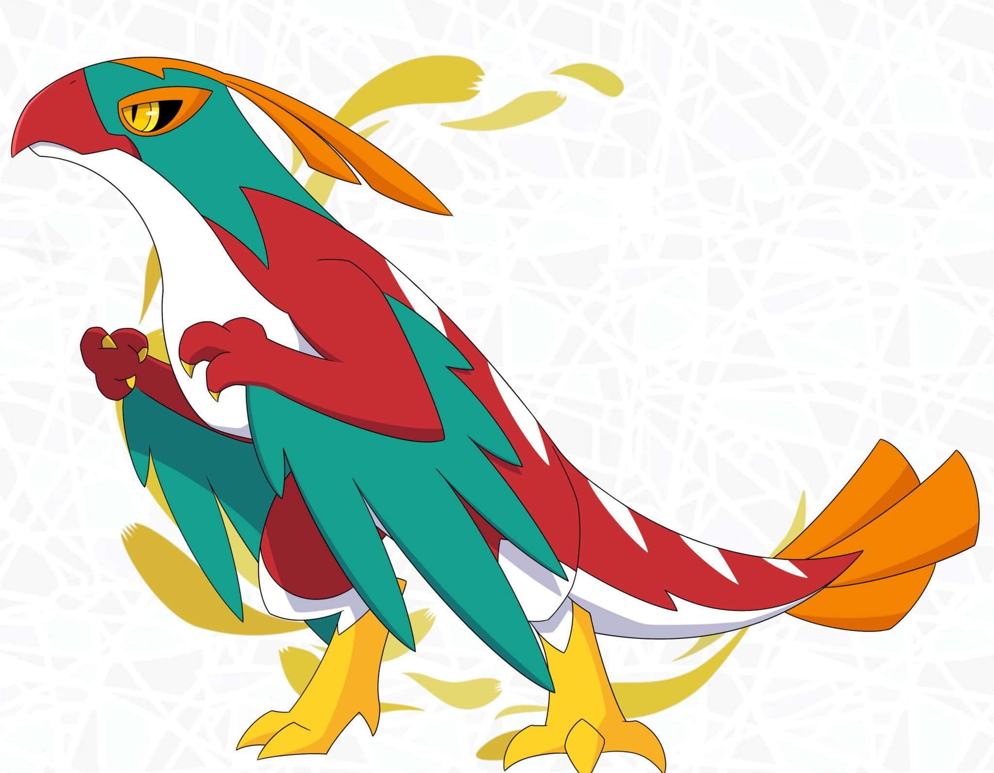 寶可夢 桌布 壁紙 — 一隻充滿活力的動漫風格鳥類生物，擁有紅色、綠色和橙色的羽毛，動態地站在裂紋白色背景前。