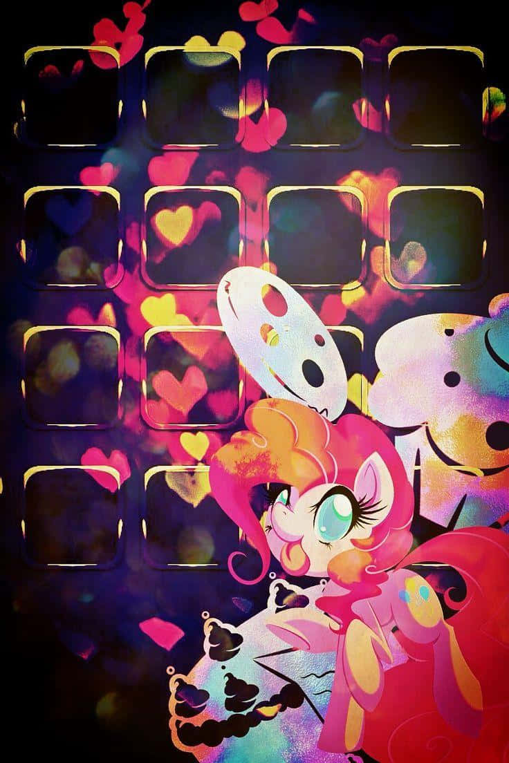Mlp Phone 桌布 壁紙 — 一隻充滿活力的動畫小馬，粉紅色頭髮和藍綠色眼睛，在黑暗網格背景上漂浮的心形中微笑。
