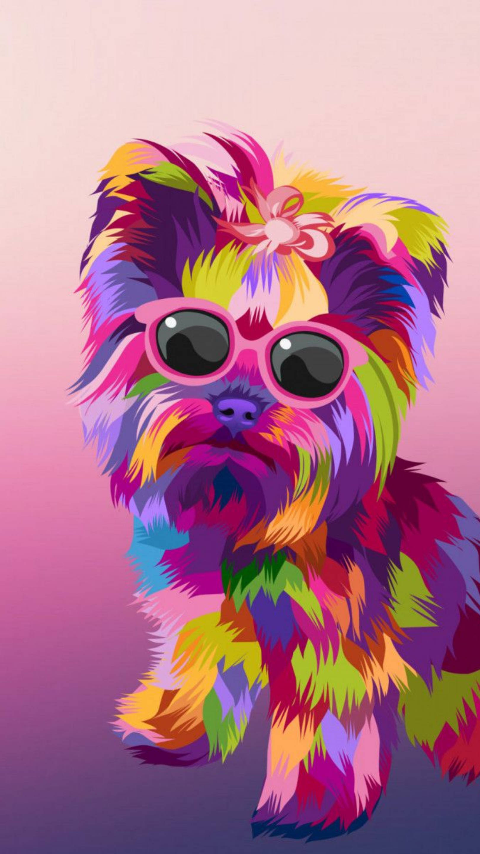 Terrier 桌布 壁紙 — 一隻充滿活力的卡通狗，擁有彩虹毛髮和粉紅色太陽眼鏡，站在柔和的粉紅色漸變背景前。