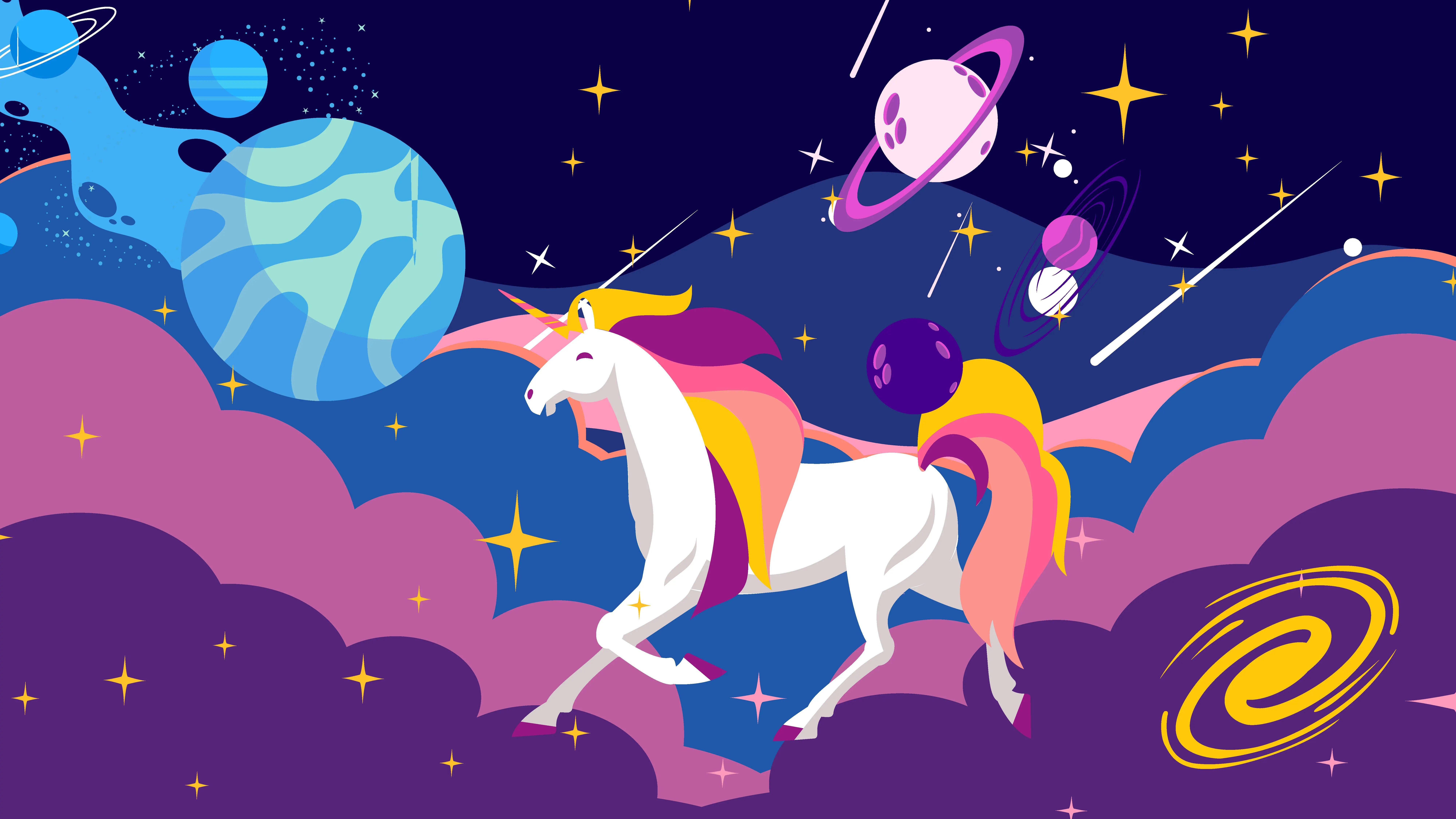 獨角獸 桌布 壁紙 — 一隻充滿活力的卡通獨角獸在充滿彩色行星、恆星和旋轉星系的宇宙天空中奔騰。