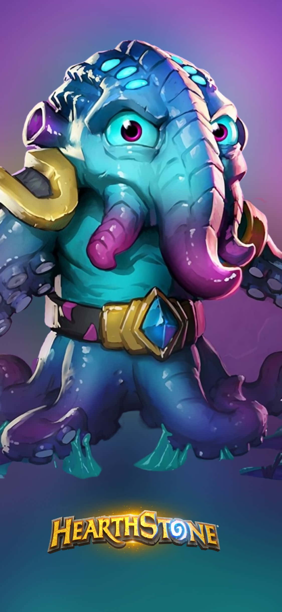 hearthstone phone 桌布 壁紙 — 一隻充滿活力的卡通章魚，擁有發光的藍色眼睛和紫色觸手，自豪地站在漸變紫色和藍綠色的背景上。