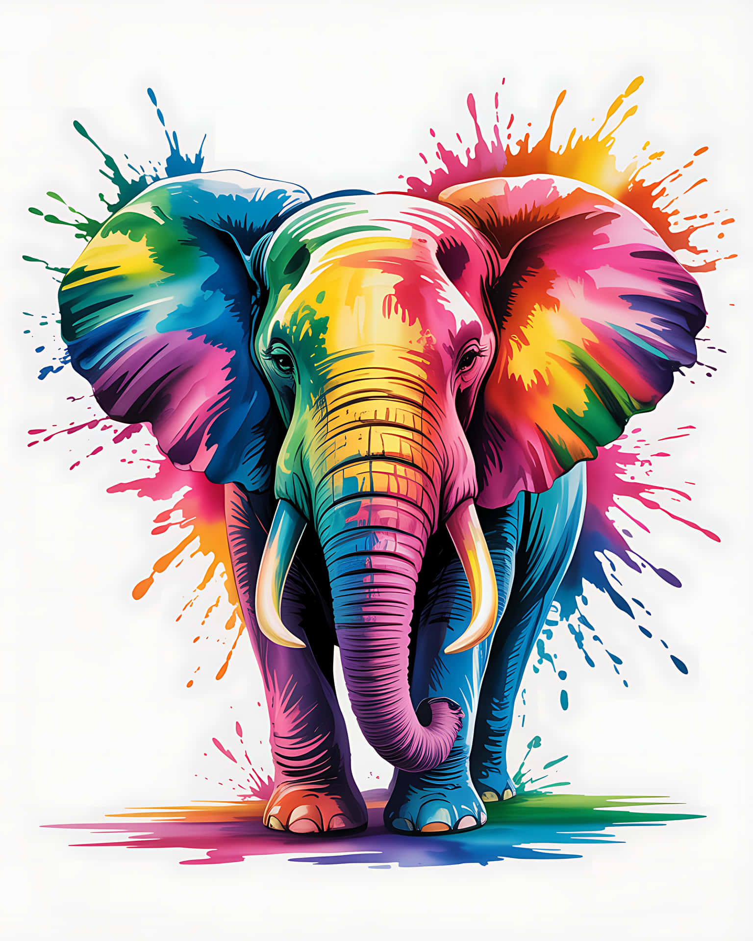 Vibrant rainbow elephant with colorful splashes 壁紙 — 一隻充滿活力的大象，以彩虹色調繪製，色彩繽紛的顏料從其耳朵和象鼻中噴出，背景為白色。