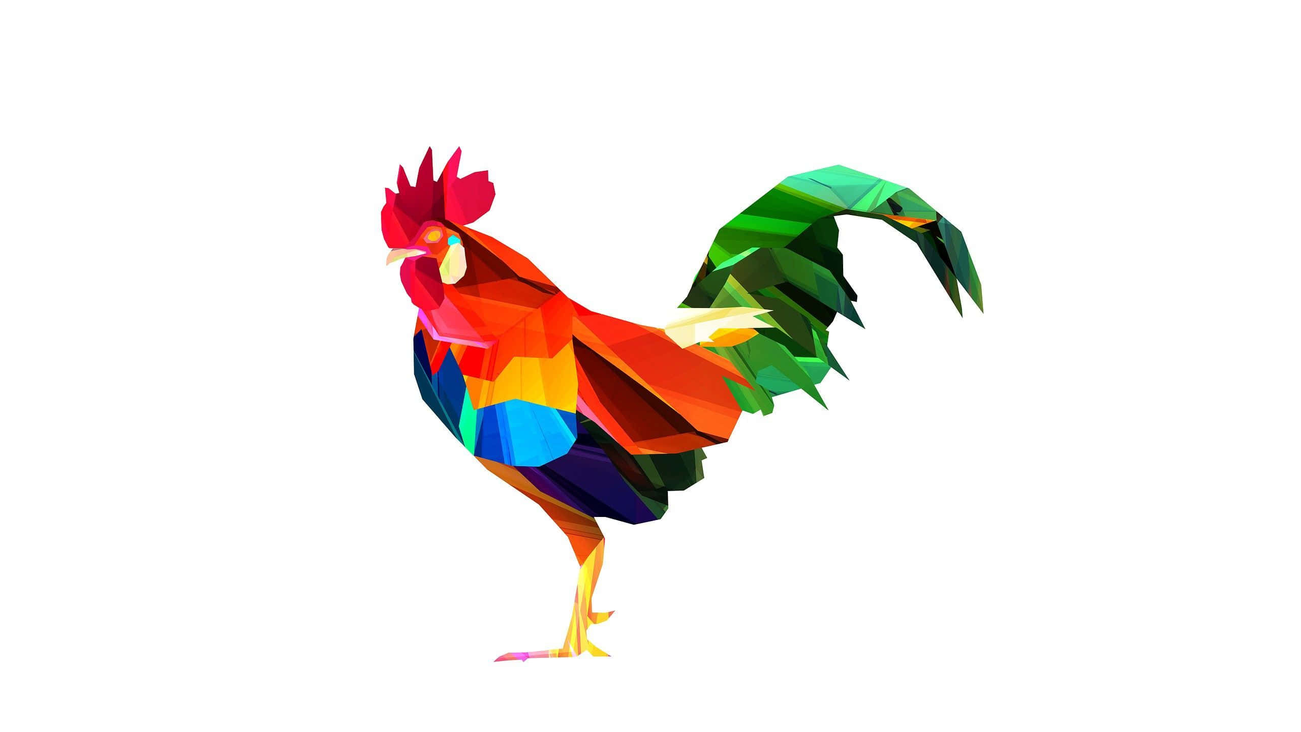Chicken 桌布 壁紙 — 一隻充滿活力的幾何公雞，帶有彩虹色切面，傲然站立在純白背景上。