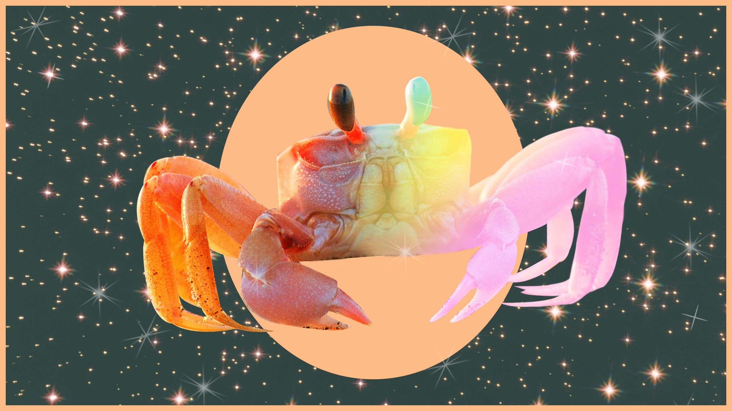 Cancer Zodiac Sign 桌布 壁紙 — 一隻充滿活力的彩虹蟹在閃爍的桃色圓圈內，漂浮在星空夜空前。