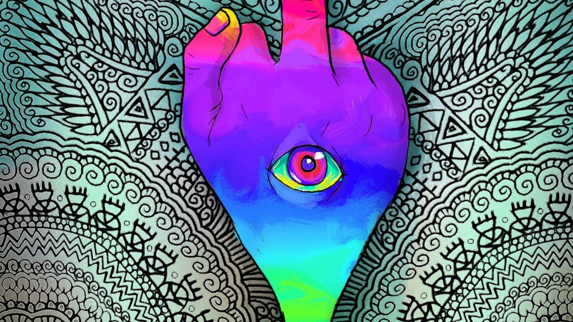 迷幻動圖 桌布 壁紙 — 一隻充滿活力的手，手掌中有一個迷幻的眼睛，從複雜的黑色線條藝術圖案中浮現。