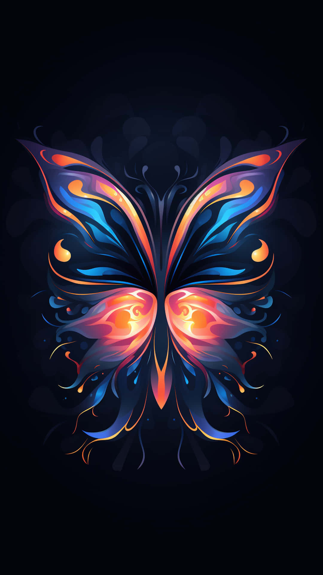 butterfly new shape design black 壁紙 — 一隻充滿活力的抽象蝴蝶，帶有流動的藍色和橙色翅膀，在黑暗背景中發光。