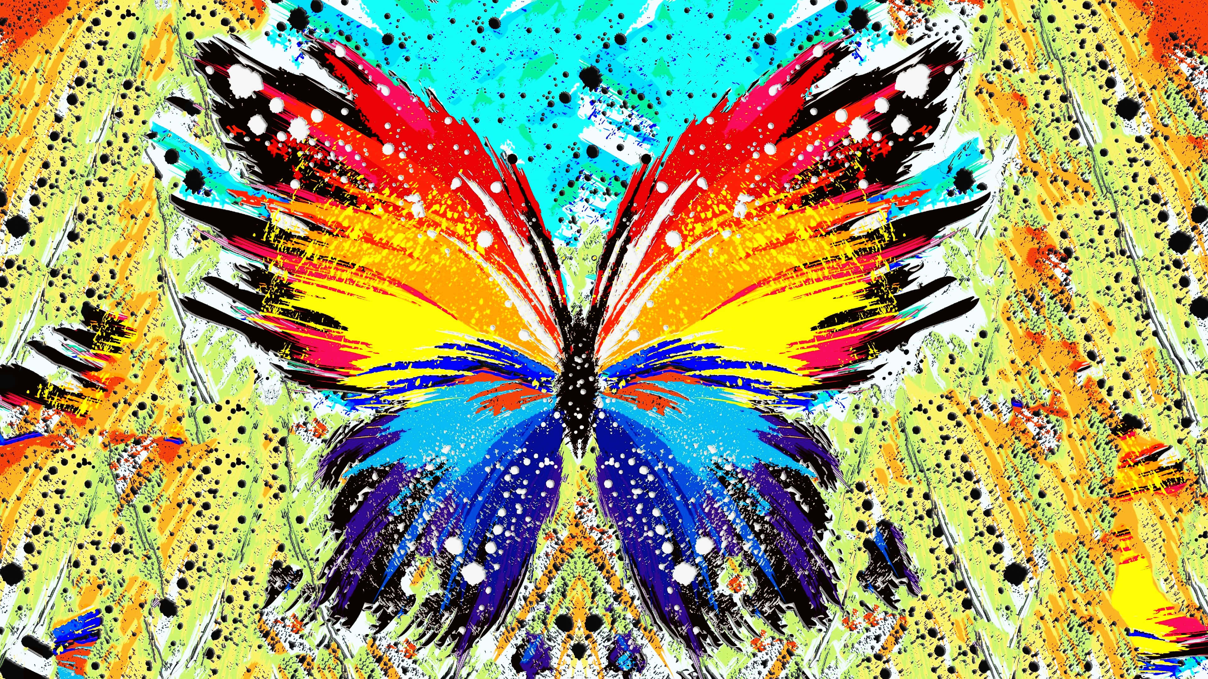 Butterfly Art 桌布 壁紙 — 一隻充滿活力的抽象蝴蝶，帶有火焰般的翅膀，以大膽的筆觸繪製在色彩斑斕的潑濺背景上。