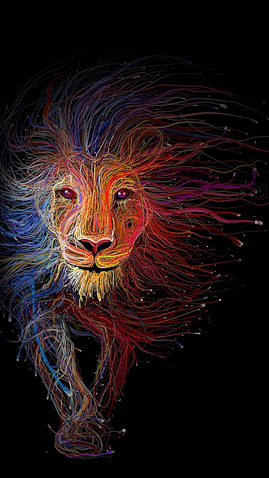 獅子 桌布 壁紙 — 一隻充滿活力的數位獅子，在黑色背景上帶有多色纖維狀鬃毛條紋。