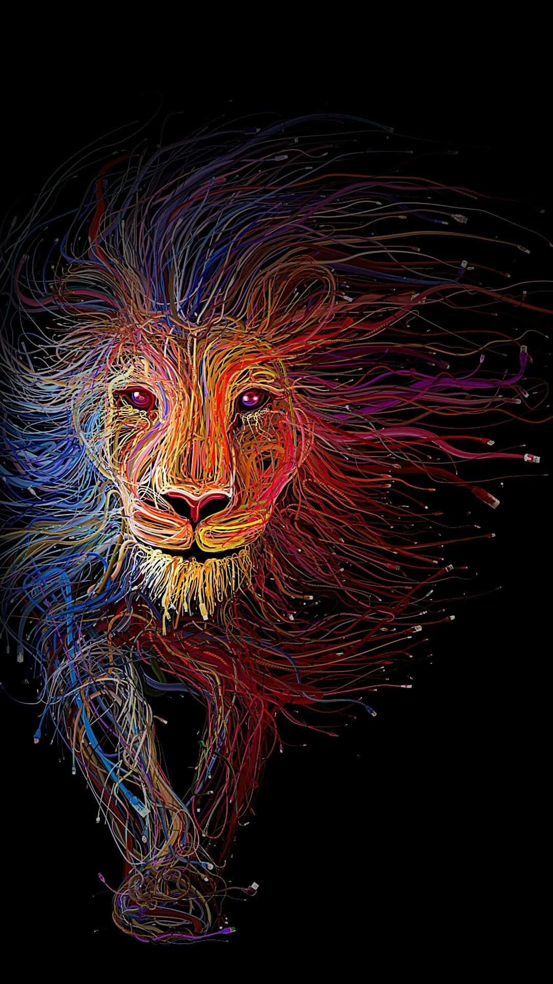 Leo 桌布 壁紙 — 一隻充滿活力的數位獅子，在黑色背景上帶有多色纖維狀鬃毛條紋。