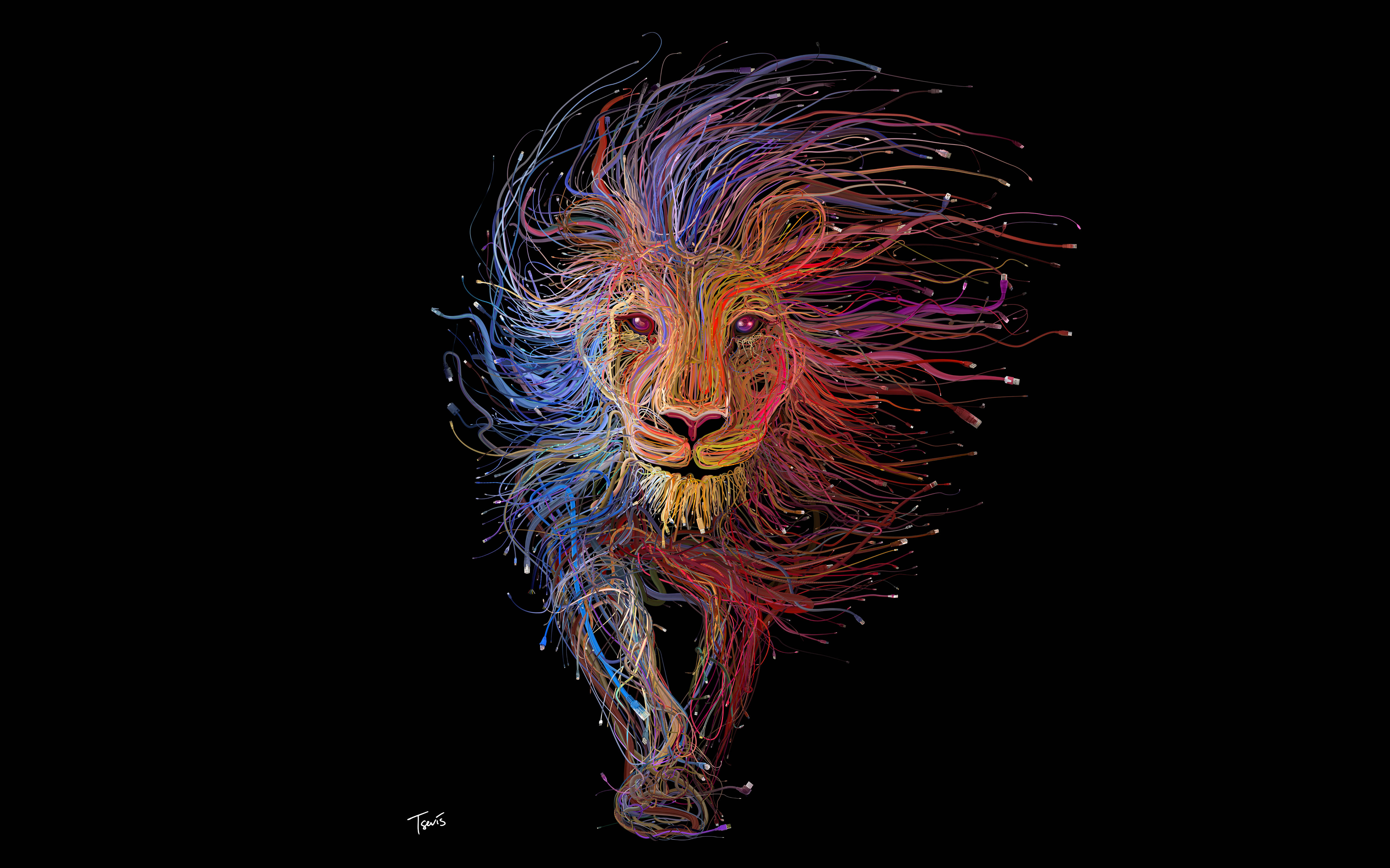 Cool Lion 桌布 壁紙 — 一隻充滿活力的數位獅子，帶有多彩流動的線條，在純黑色背景上。