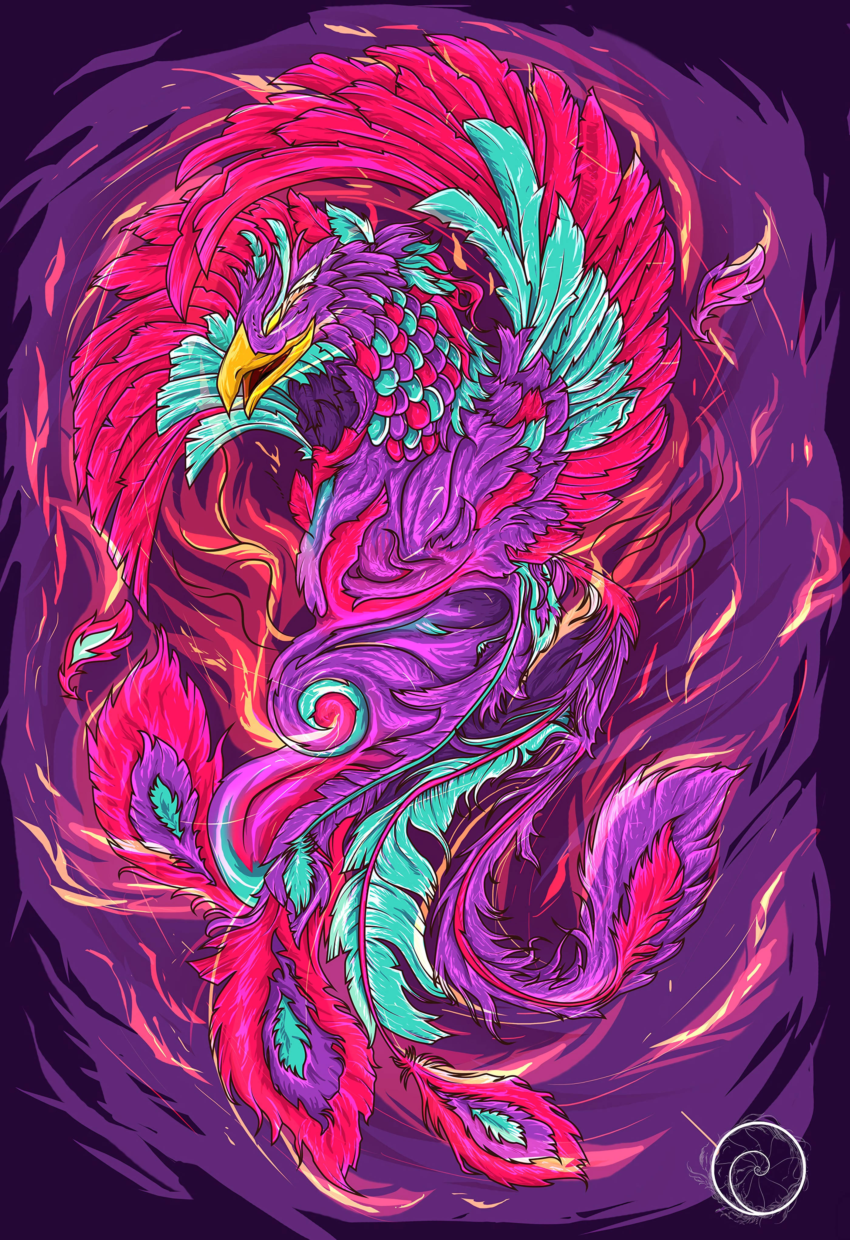 鳳凰 桌布 壁紙 — 一隻充滿活力的數位鳳凰，帶有洋紅色和藍綠色羽毛，從旋轉的火焰中迸發出來，背景是深紫色。