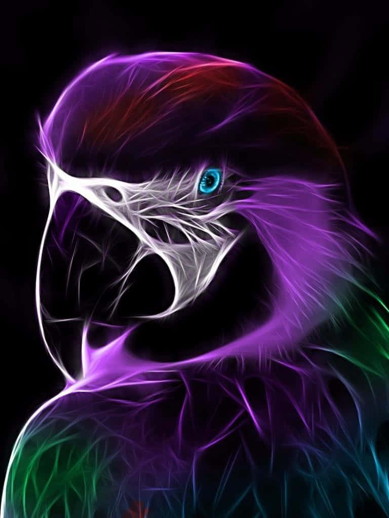 鳥 桌布 壁紙 — 一隻充滿活力的數位鸚鵡，帶有電光紫、綠和藍色的羽毛，以及一隻發光的青色眼睛，背景為黑色。