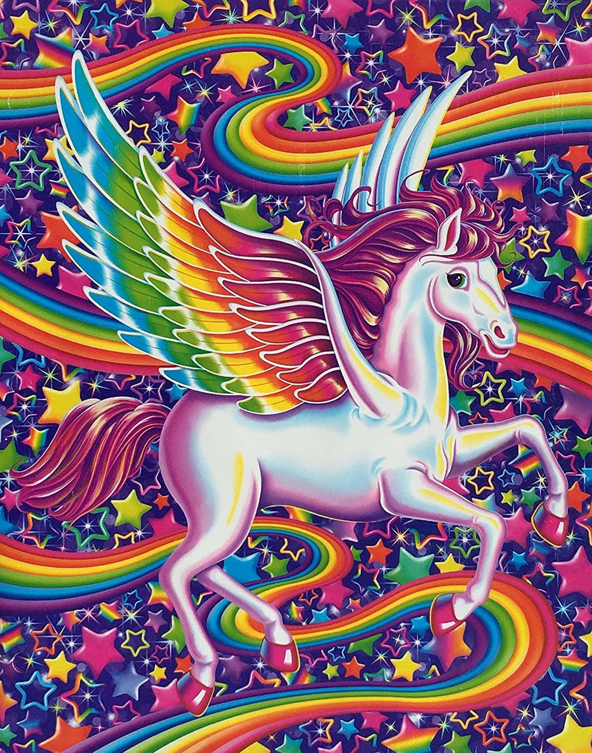 桌布 壁紙 — 一隻充滿活力的有翼獨角獸在深紫色背景上，穿過彩虹弧線和閃爍星星的宇宙漩渦奔騰。