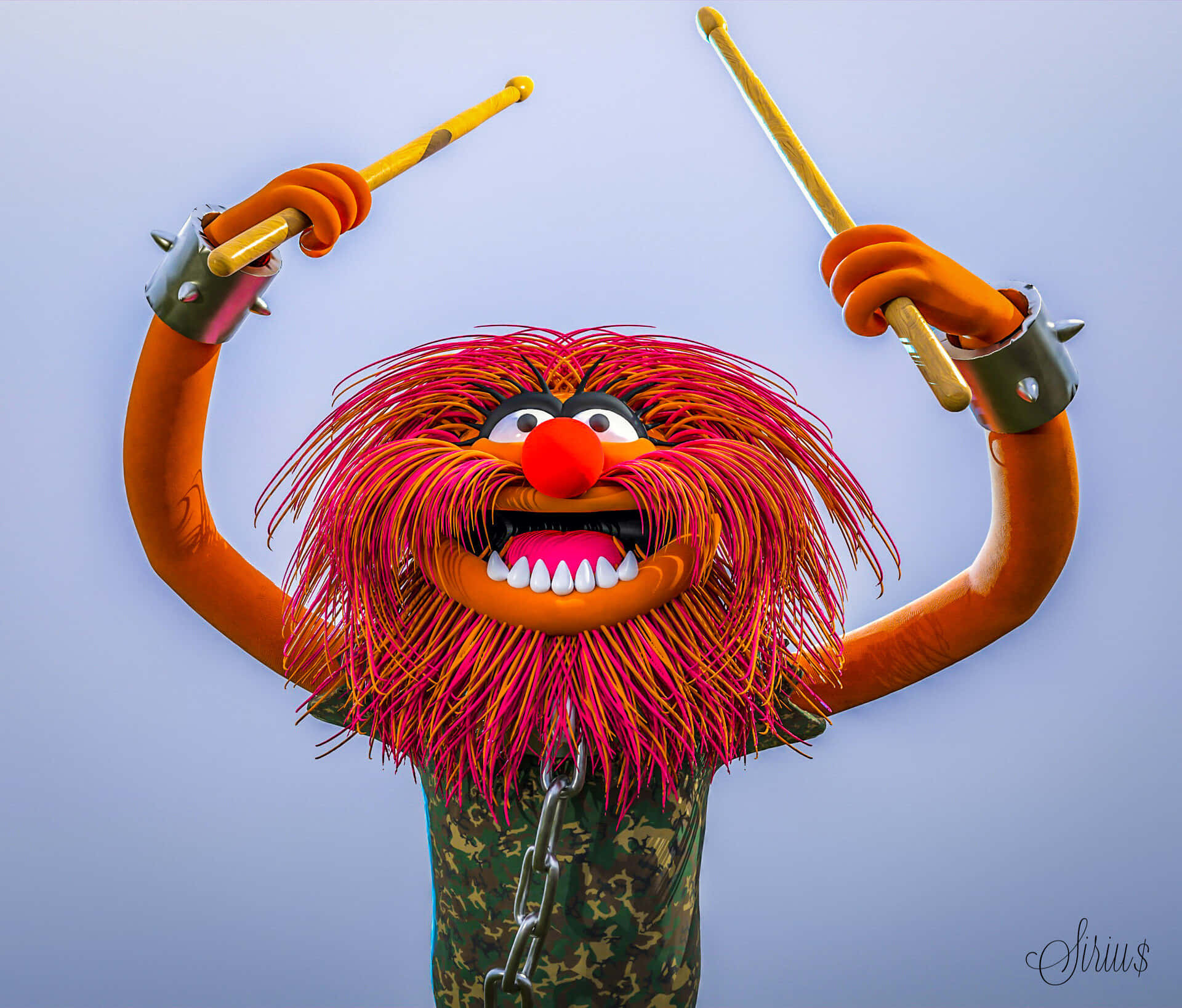 Animal Muppet 桌布 壁紙 — 一隻充滿活力的橙色毛茸茸怪物，紅鼻子和狂野的頭髮，在柔和的藍色背景上充滿活力地高舉鼓棒。
