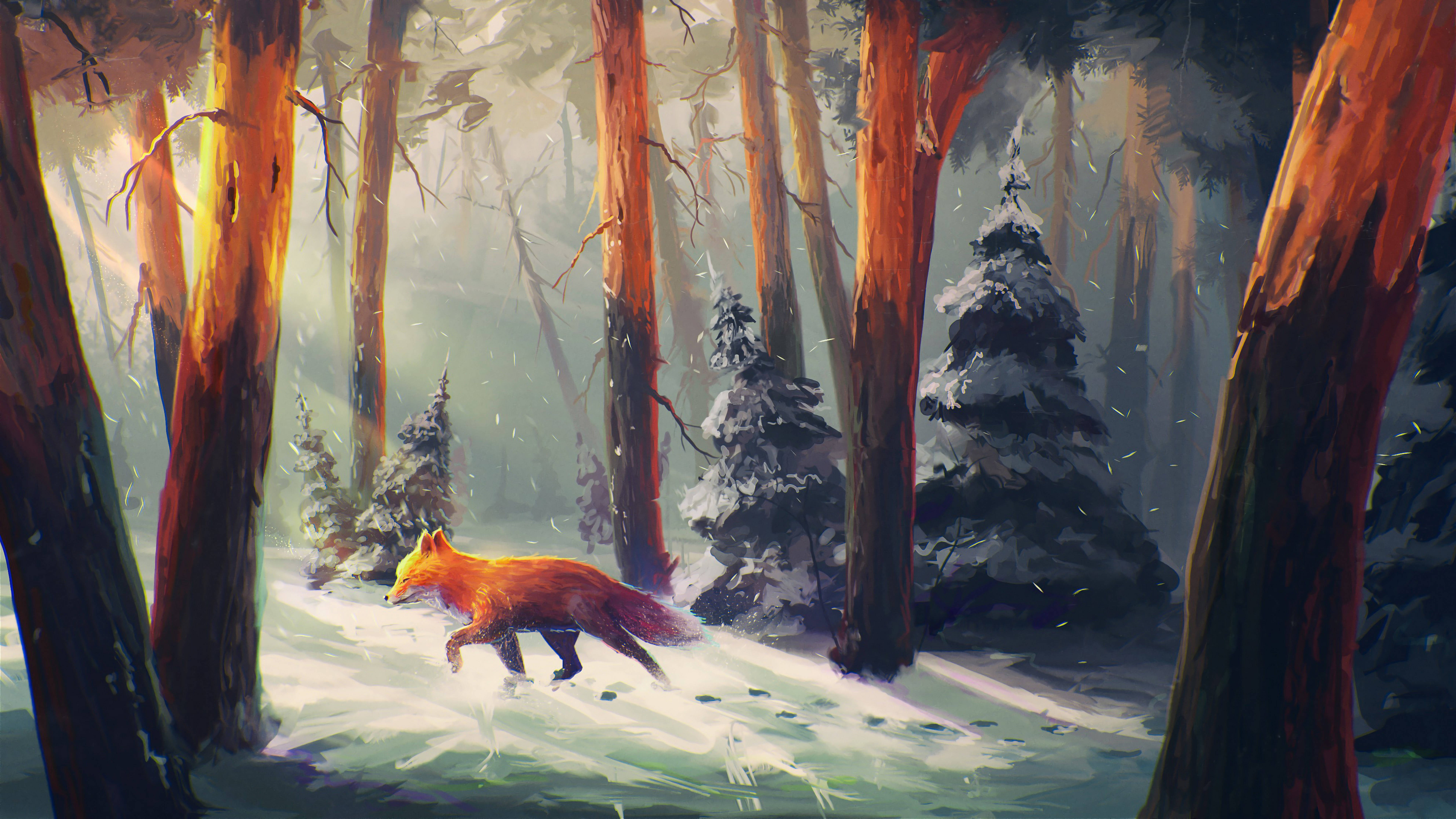 狐狸 桌布 壁紙 — 一隻充滿活力的橙色狐狸在雪地森林中奔跑，森林中有高大的樹木和飄落的雪花，沐浴在柔和的金色光芒下。