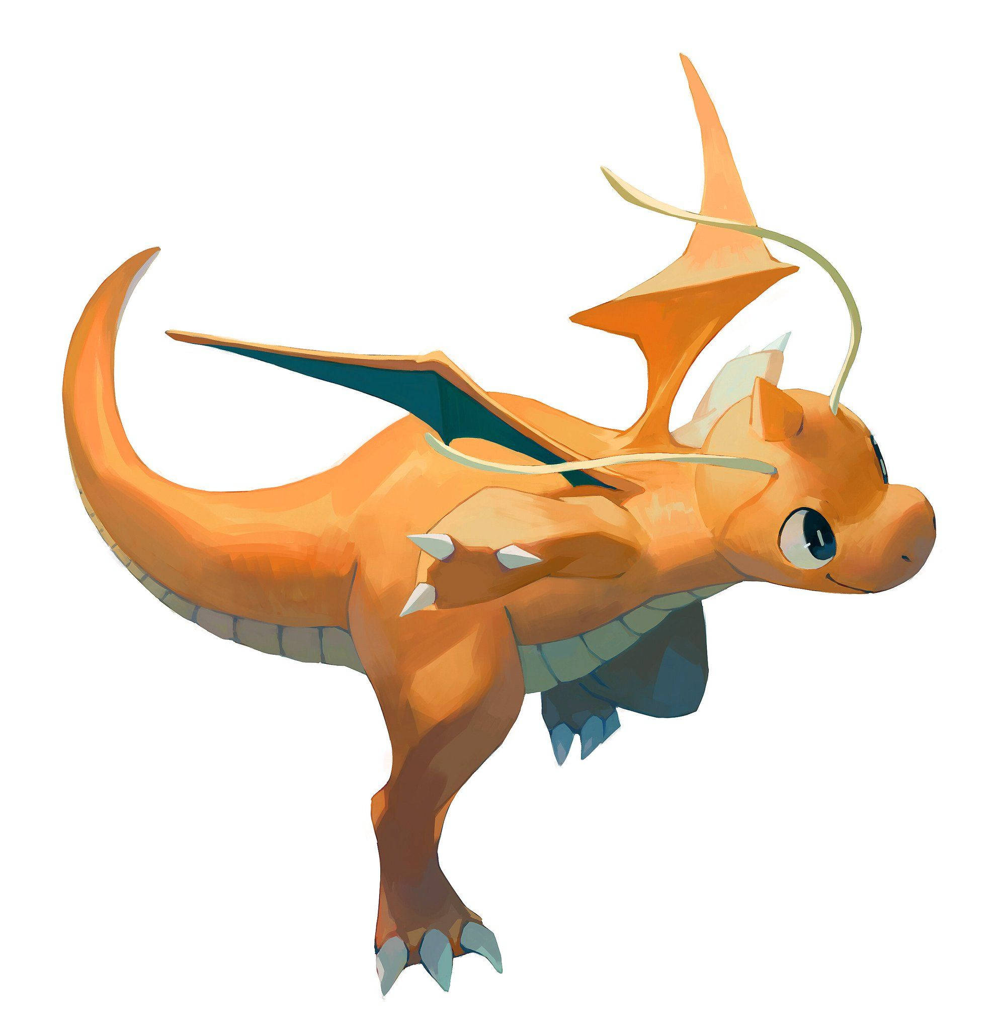 Dragonite 桌布 壁紙 — 一隻充滿活力的橙色龍，帶有藍色翼膜和白色尖刺，在純白色背景前警覺地站立。
