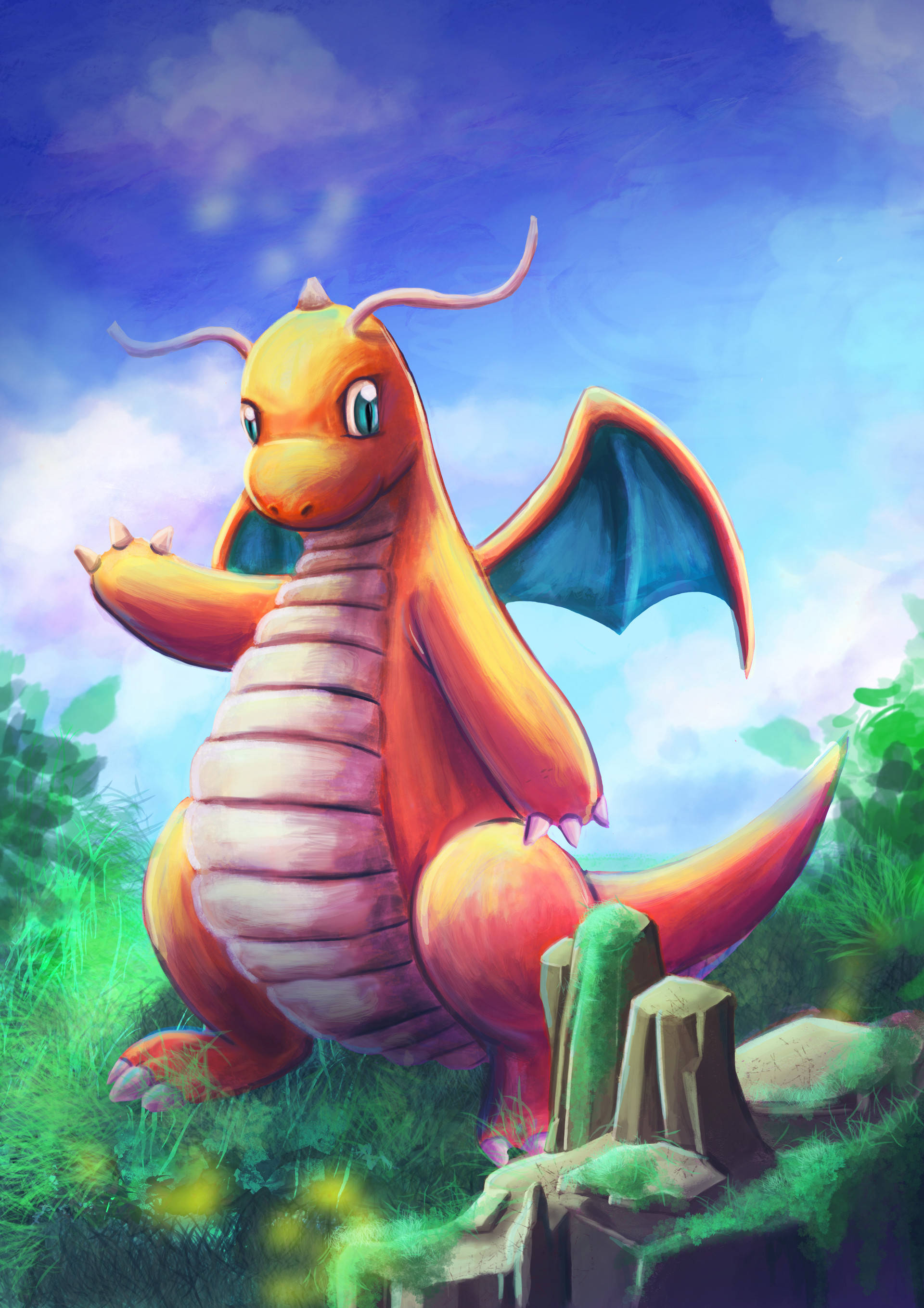 Dragonite 桌布 壁紙 — 一隻充滿活力的橙色龍，擁有藍色翅膀，自豪地站在茂密的綠色田野中，天空湛藍，白雲朵朵。