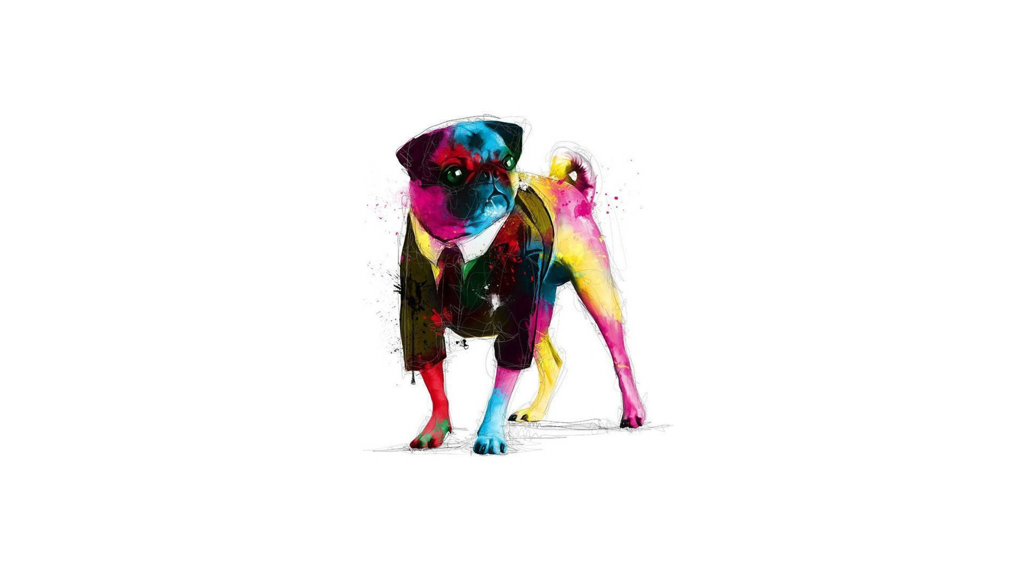 Dog Art 桌布 壁紙 — 一隻充滿活力的水彩巴哥犬自信地站在純白色背景上，帶有飛濺的彩虹色調。