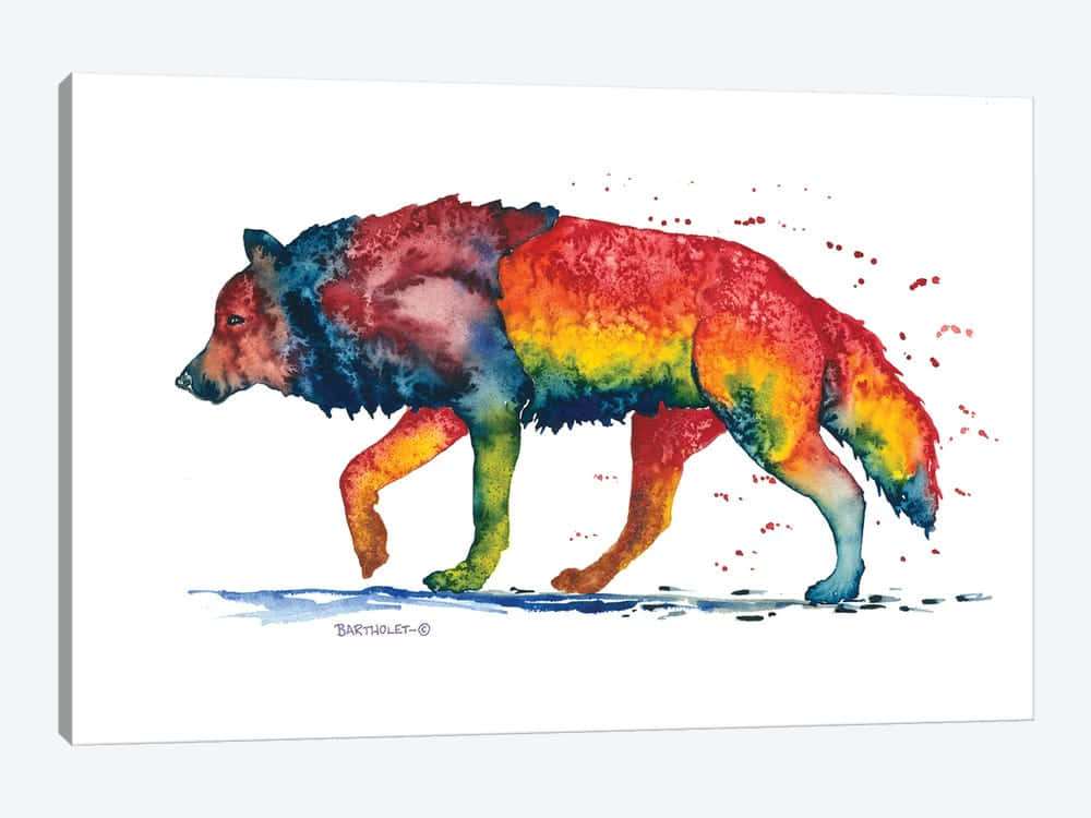 Rainbow Wolf 桌布 壁紙 — 一隻充滿活力的水彩狼向前邁步，帶有彩虹漸變毛皮和潑濺顏料效果，背景是純白色。