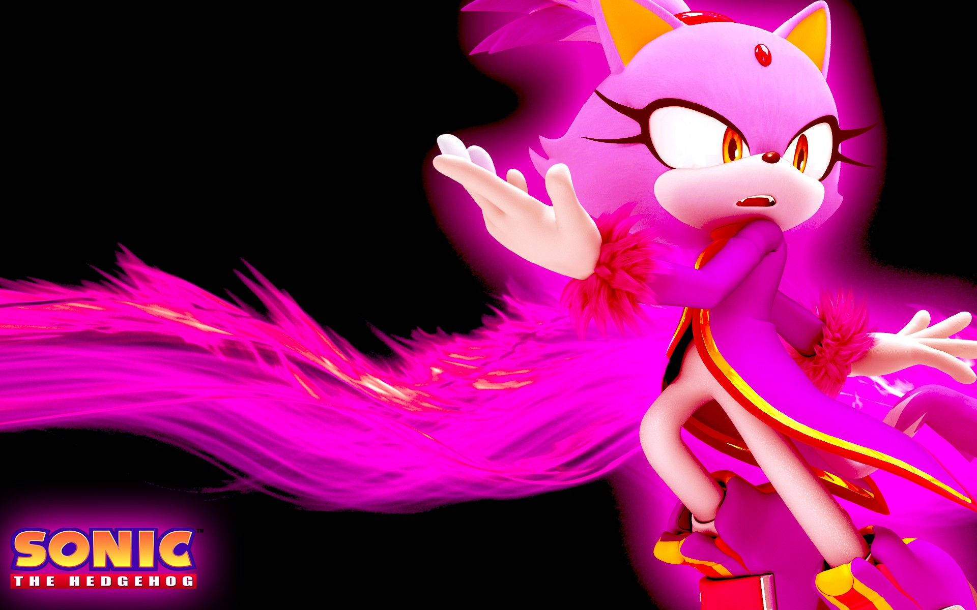 Blaze The Cat 桌布 壁紙 — 一隻充滿活力的粉紅色刺蝟，帶有發光的毛髮和兇猛的表情，在黑色背景上動態地衝刺。