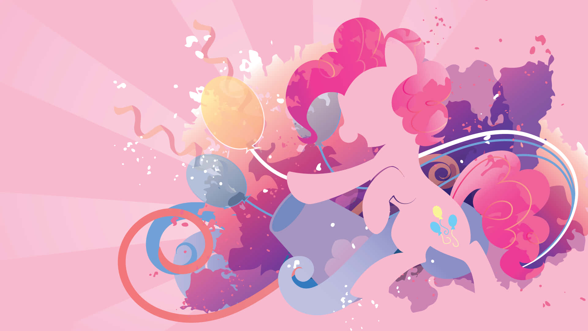 pinkie pie 桌布 壁紙 — 一隻充滿活力的粉紅色小馬，擁有捲曲的鬃毛，在閃亮的粉紅色和紫色潑濺背景前快樂地拿著氣球。