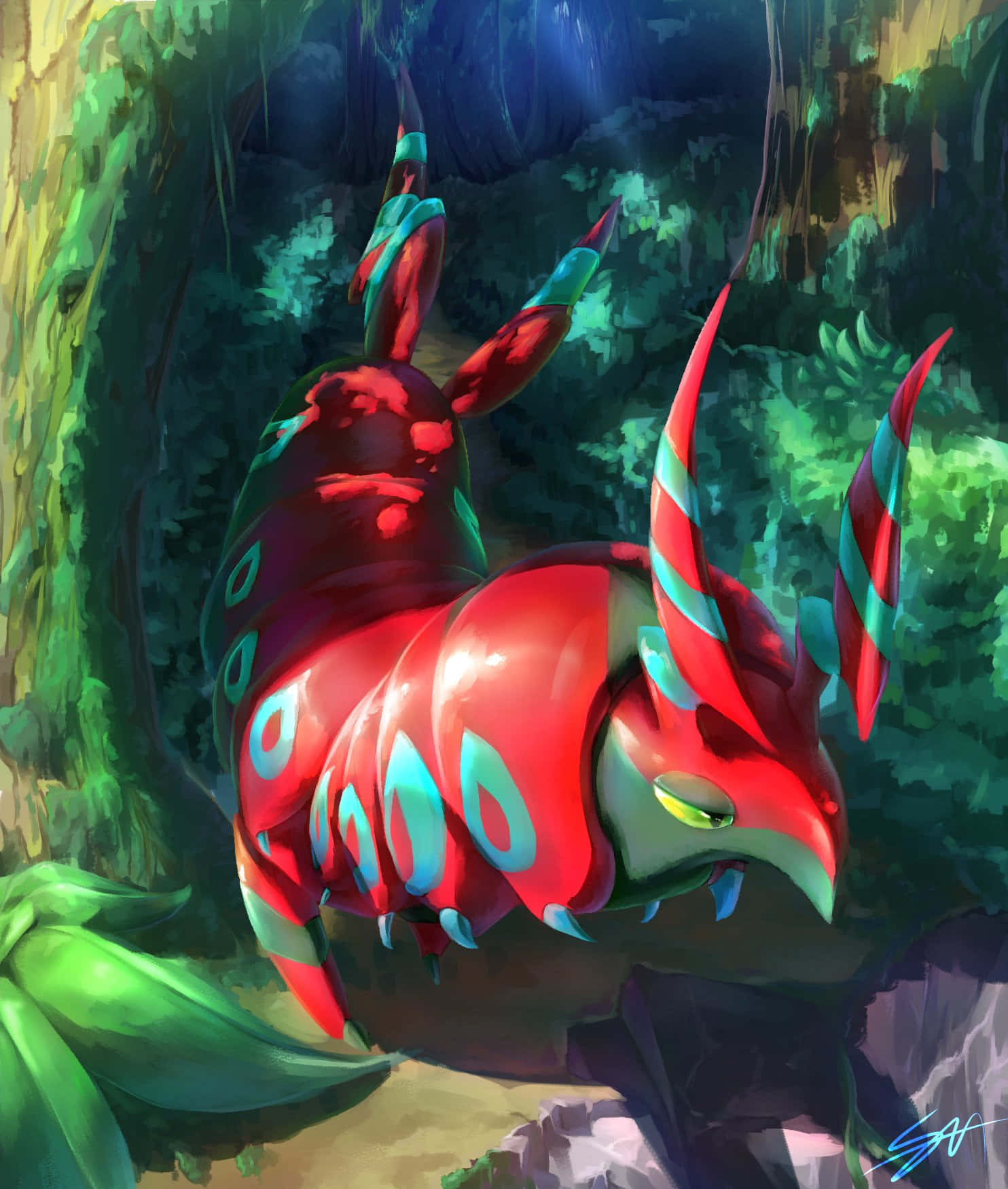 寶可夢 桌布 壁紙 — 一隻充滿活力的紅和青綠色龍形生物，眼睛發光，在茂密的綠色叢林洞穴中休息。