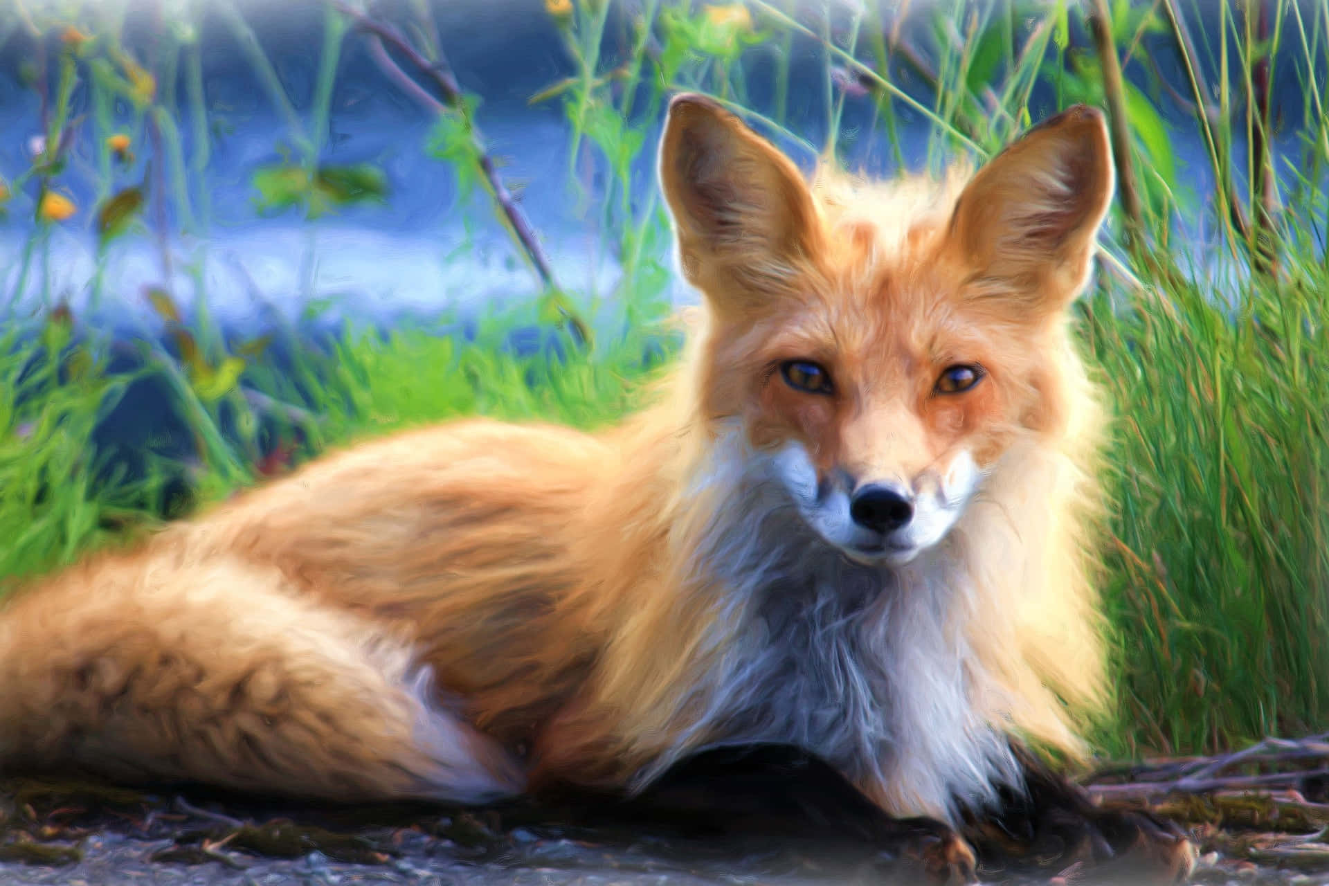 Cool Fox 桌布 壁紙 — 一隻充滿活力的紅狐在茂密的綠草中警覺地休息，背景是模糊的藍色。