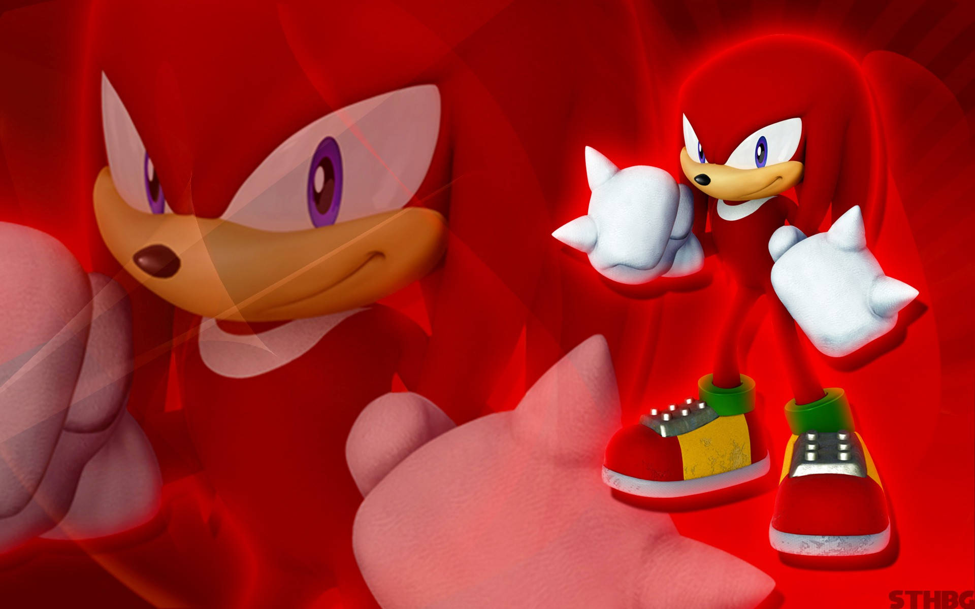 Knuckles 桌布 壁紙 — 一隻充滿活力的紅色刺蝟角色，戴著白色手套和鞋子，在鮮豔的紅色抽象背景前自信地擺姿勢。
