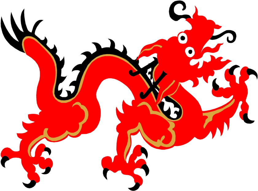 中國龍 桌布 壁紙 — 一隻充滿活力的紅色卡通龍，帶有金色邊飾和一雙白色大眼睛，在純黑色背景上動態地蜷曲著。