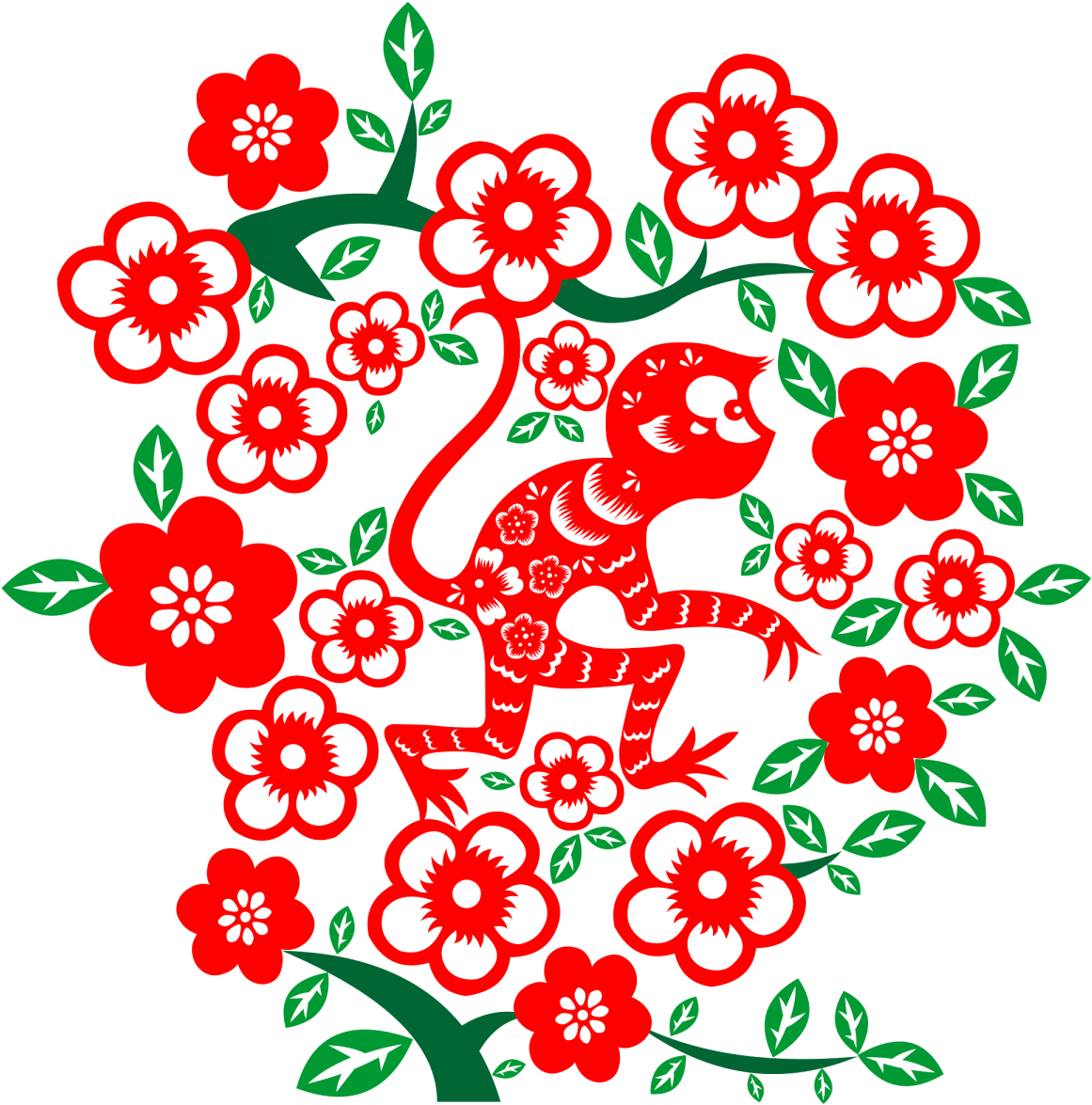 Flowers 桌布 壁紙 — 一隻充滿活力的紅色猴子在盛開的紅花和綠葉之間跳躍，背景是 stark 黑色。