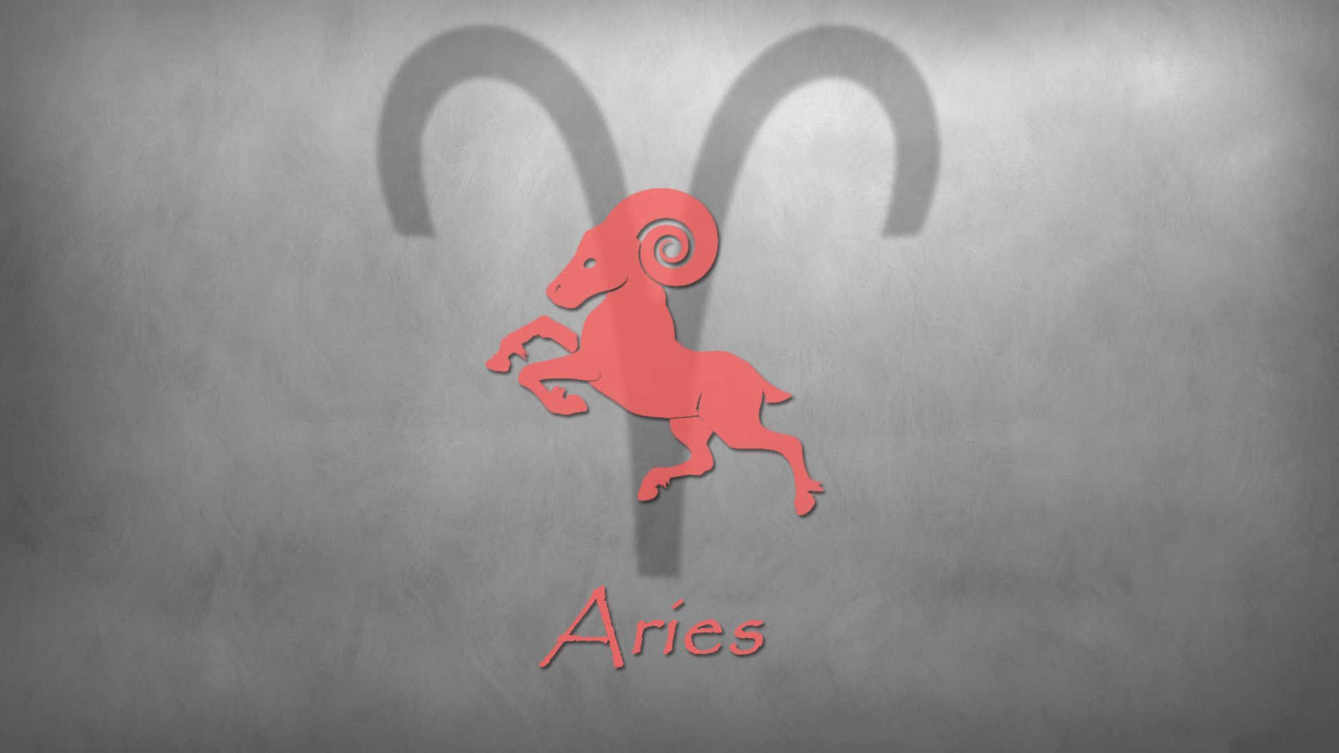 aries 桌布 壁紙 — 一隻充滿活力的紅色風格化公羊在帶有紋理的灰色背景上動態跳躍，背後有模糊的符號陰影。