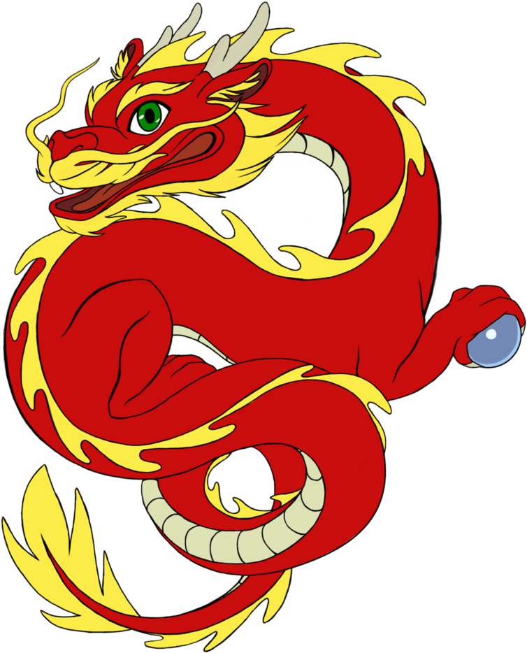 中國龍 桌布 壁紙 — 一隻充滿活力的紅黃色卡通龍，綠色眼睛，在黑色背景上動態盤繞，緊握著一顆發光的藍色球體。