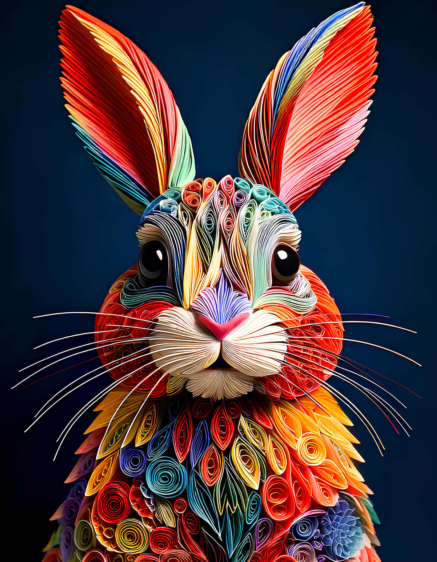 Bunny 壁紙 — 一隻充滿活力的紙捲兔子，帶有彩虹色的螺旋和層疊花瓣，背景為深藍色。